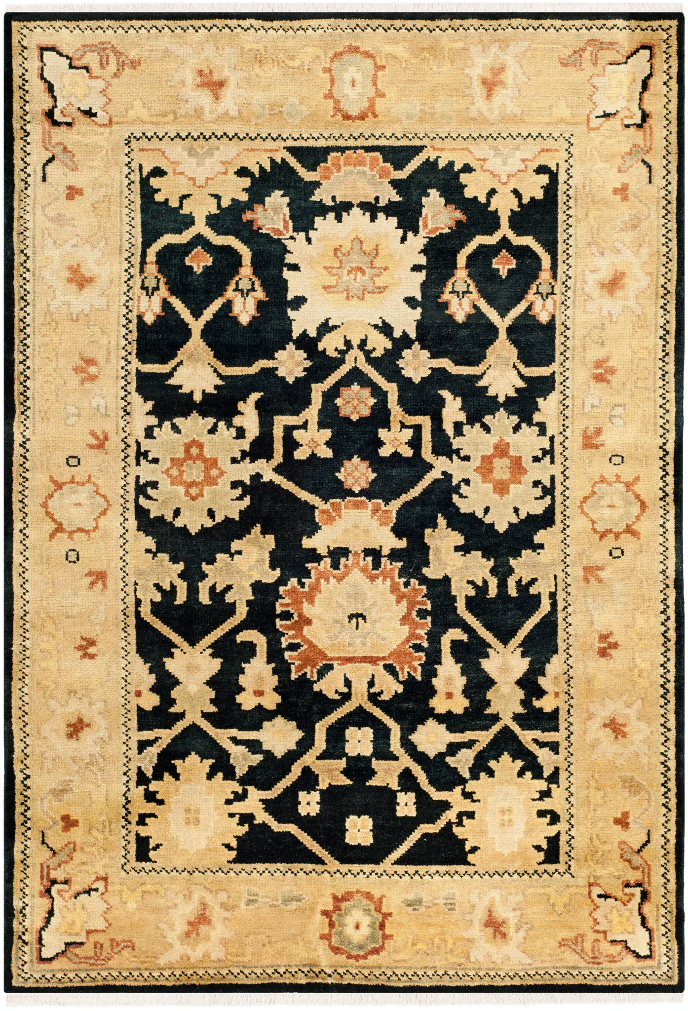 Oushak Faded Floral Bordered Hand-Knotted Wool Rug