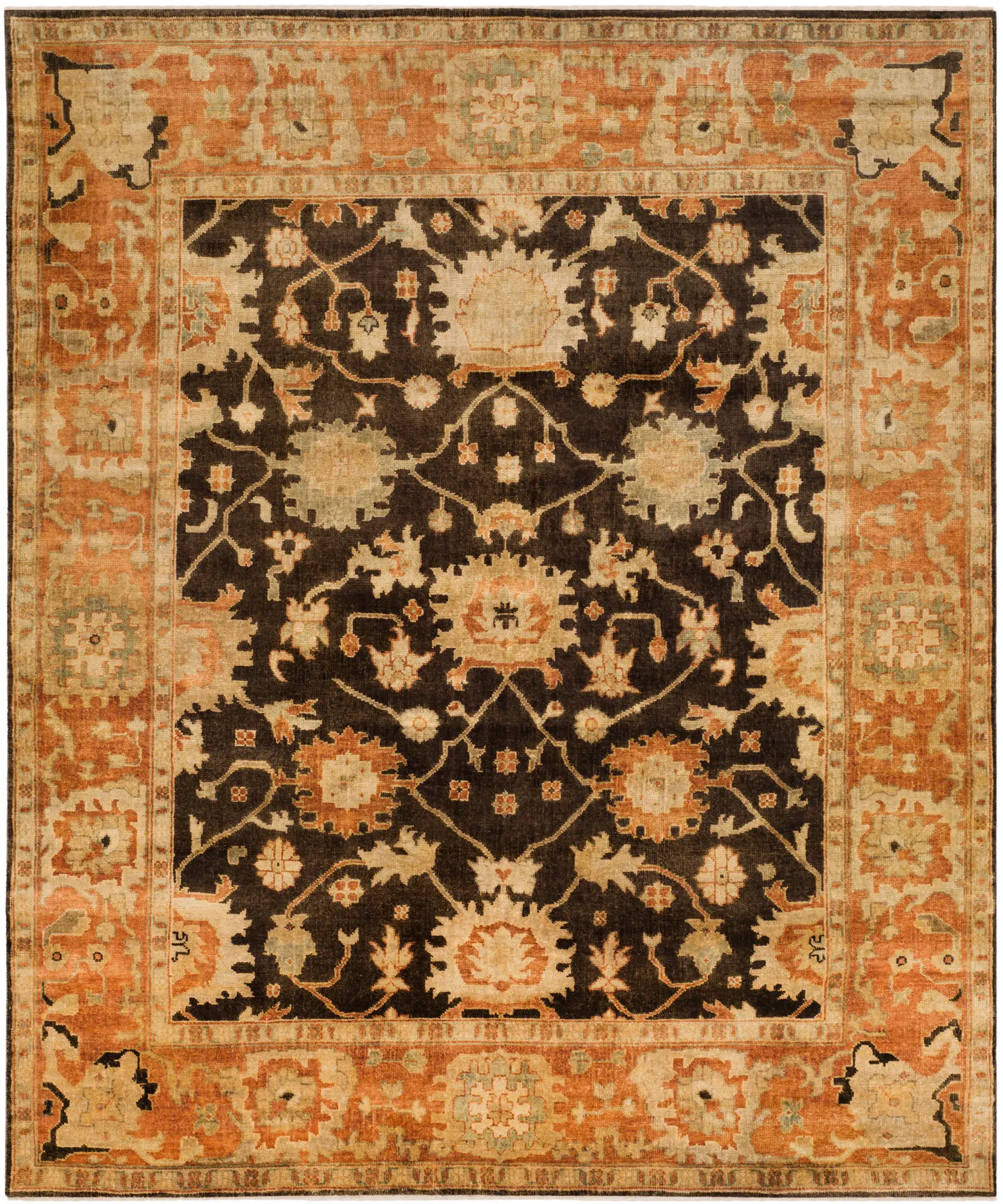 Oushak Faded Floral Bordered Hand-Knotted Wool Rug
