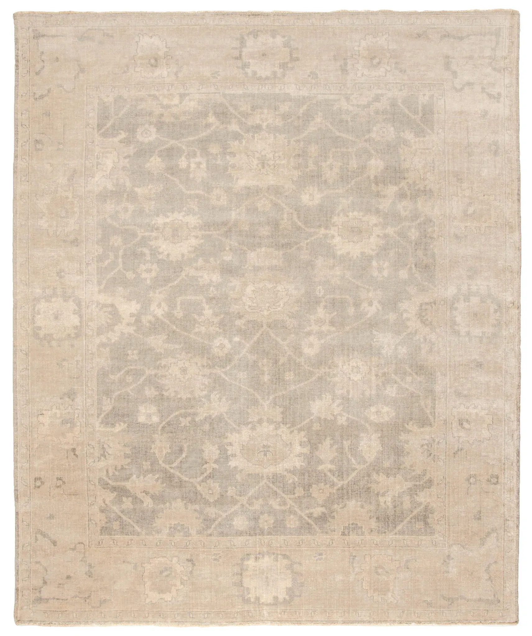 Oushak Faded Floral Bordered Hand-Knotted Wool Rug