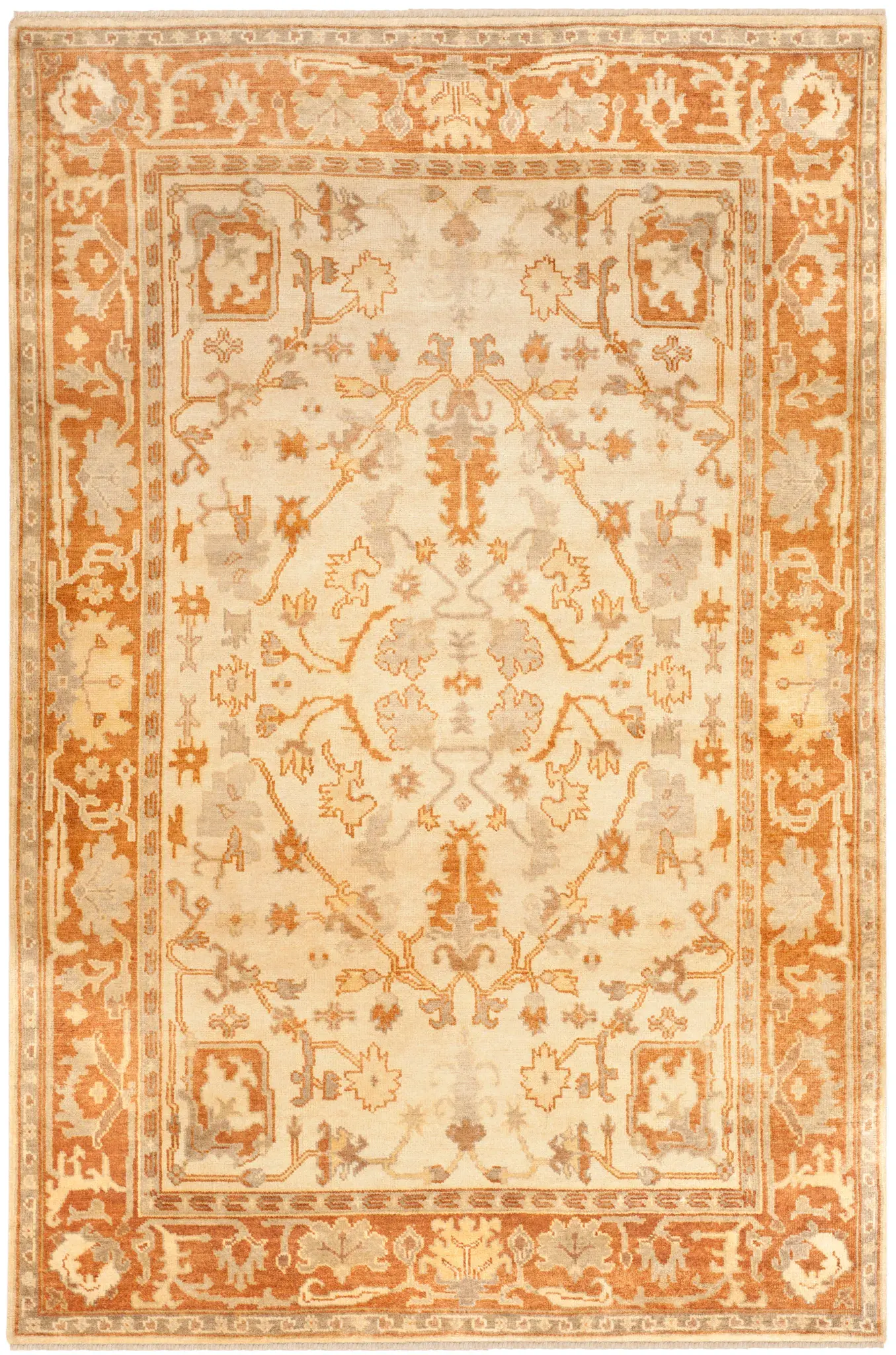 Oushak Bordered Floral Hand-Knotted Wool Rug