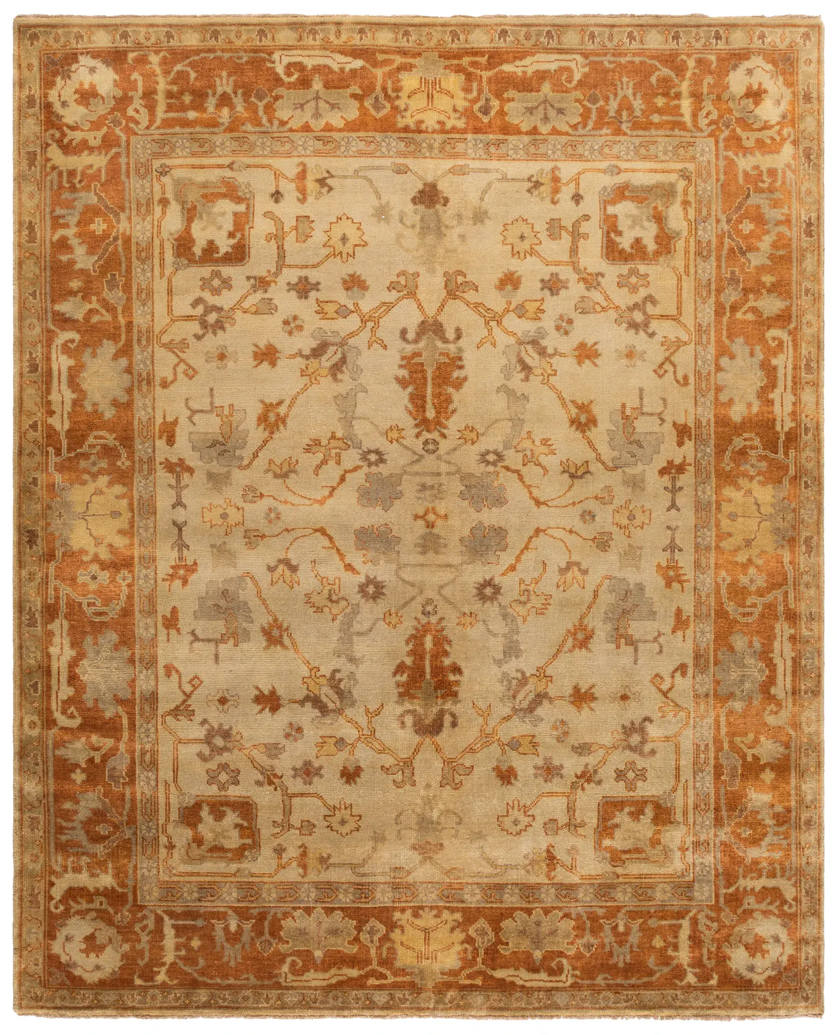 Oushak Bordered Floral Hand-Knotted Wool Rug