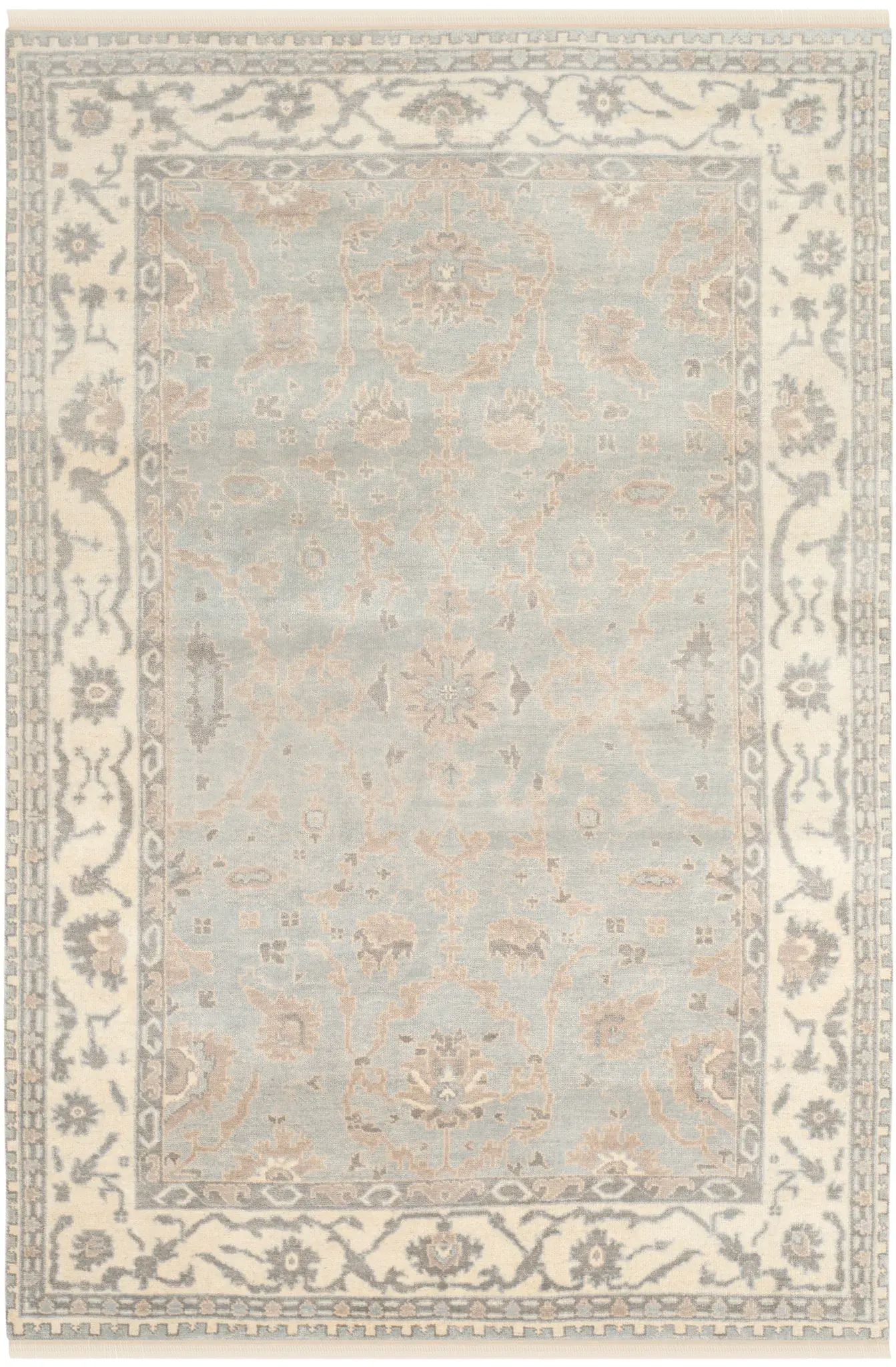 Oushak Vine Bordered Hand-Knotted Wool Rug