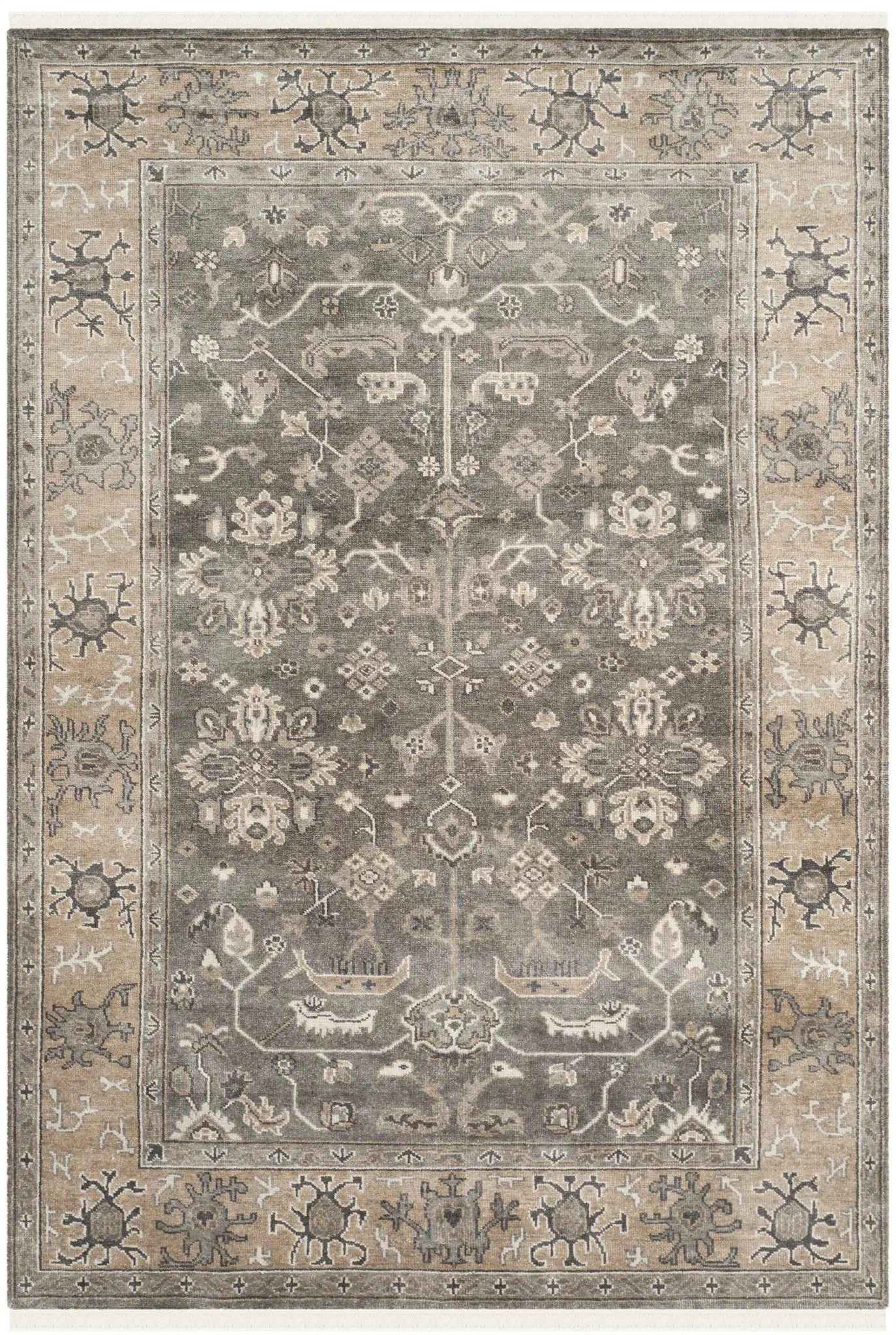 Oushak Scattered Floral Bordered Hand-Knotted Wool Rug
