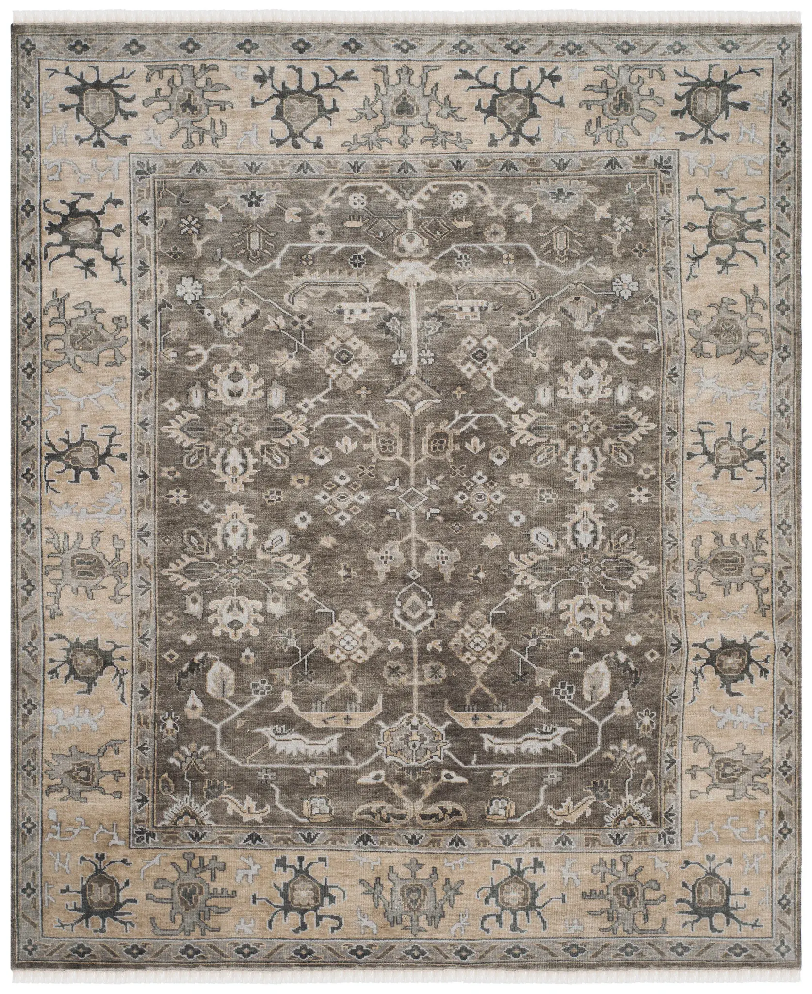 Oushak Scattered Floral Bordered Hand-Knotted Wool Rug