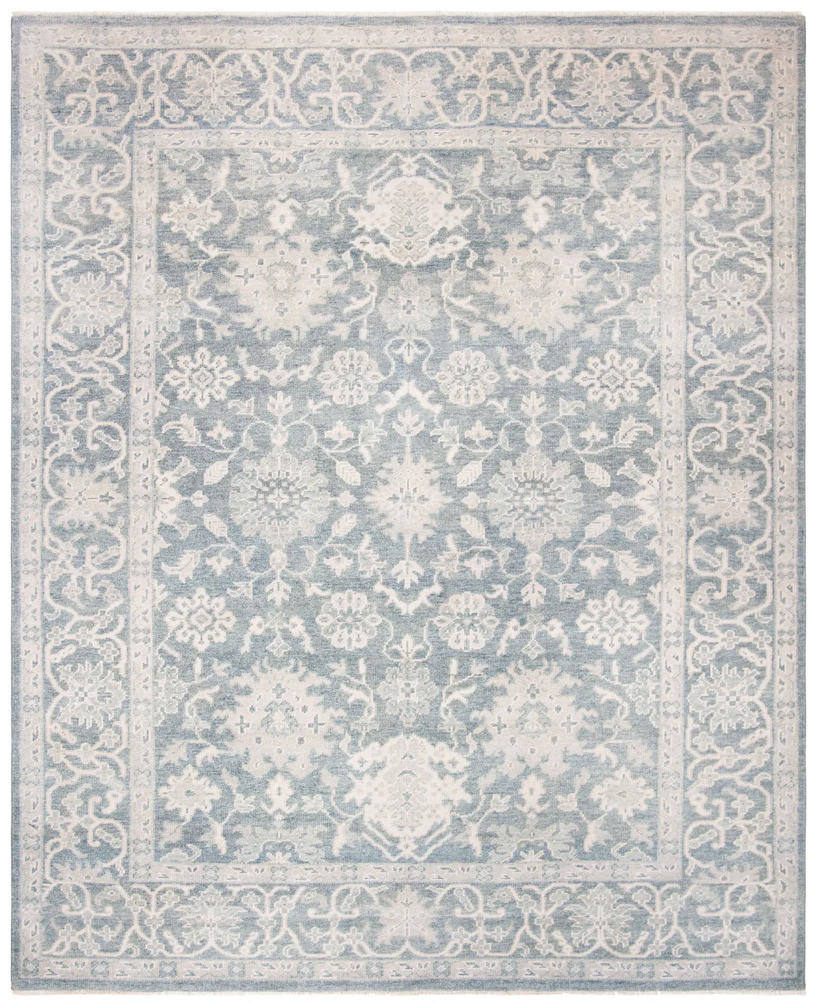 Oushak Floral Border Hand-Knotted Wool Rug