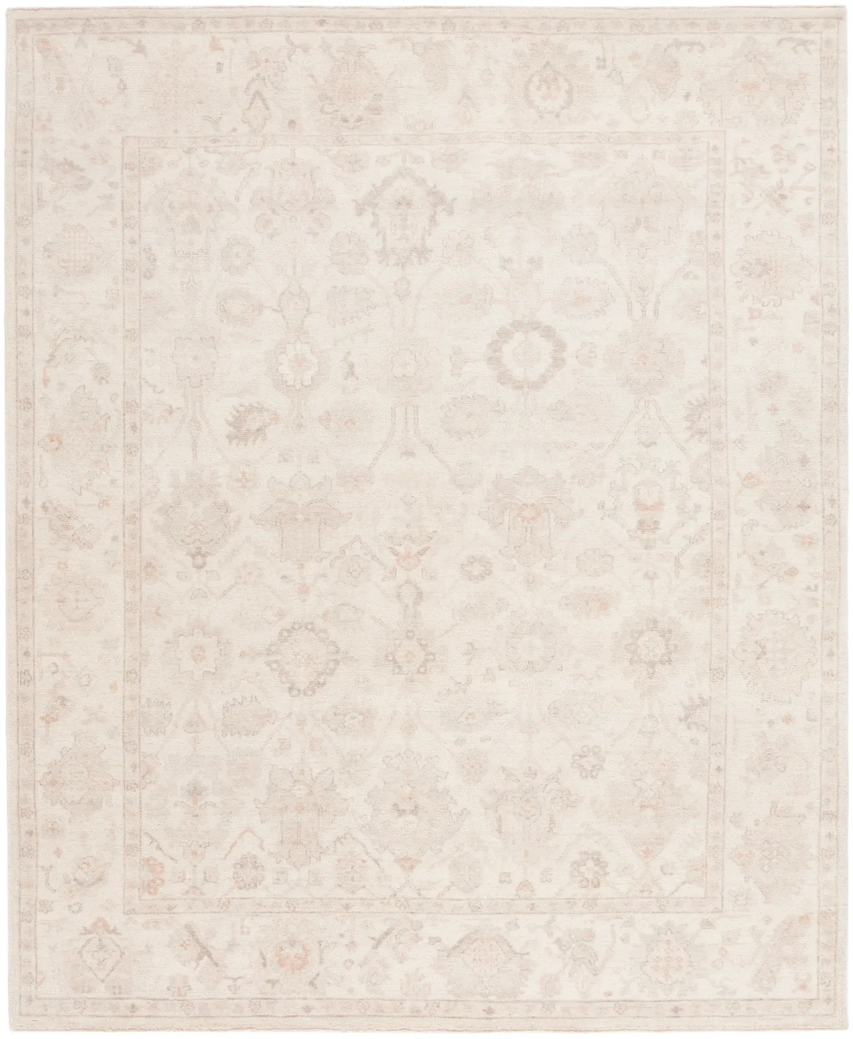 Oushak Faded Palmette Bordered Hand-Knotted Wool Rug