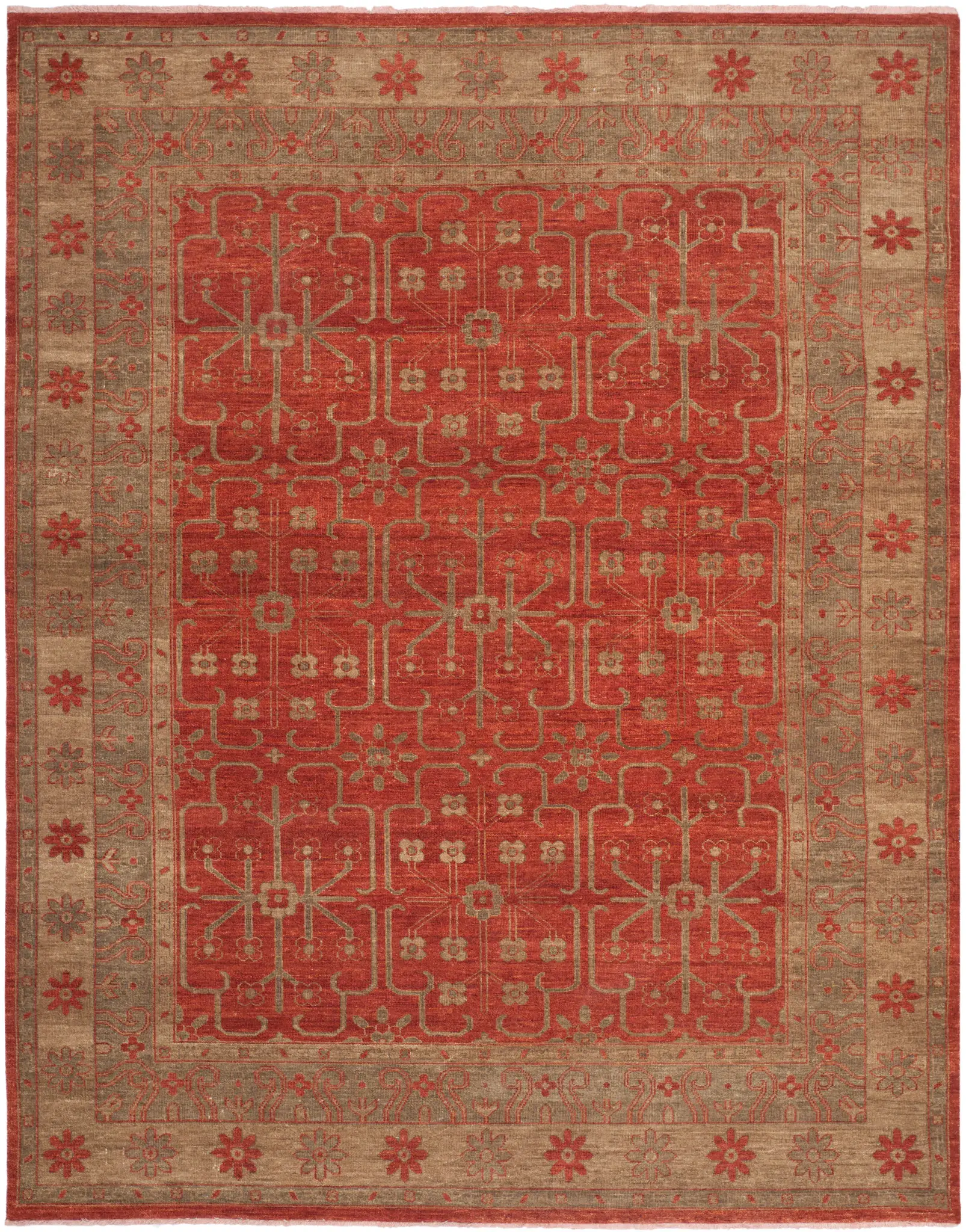Oushak Grid Floral Hand-Knotted Wool Rug
