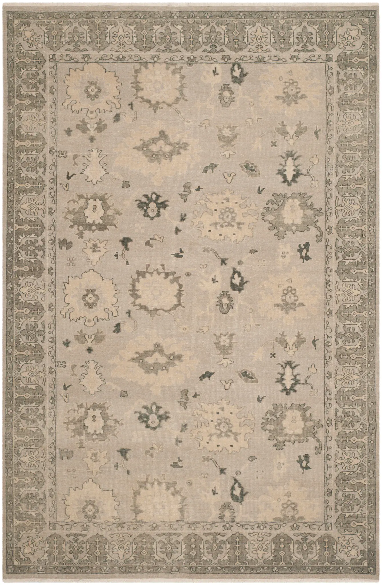 Oushak Scattered Floral Border Hand-Knotted Wool Rug