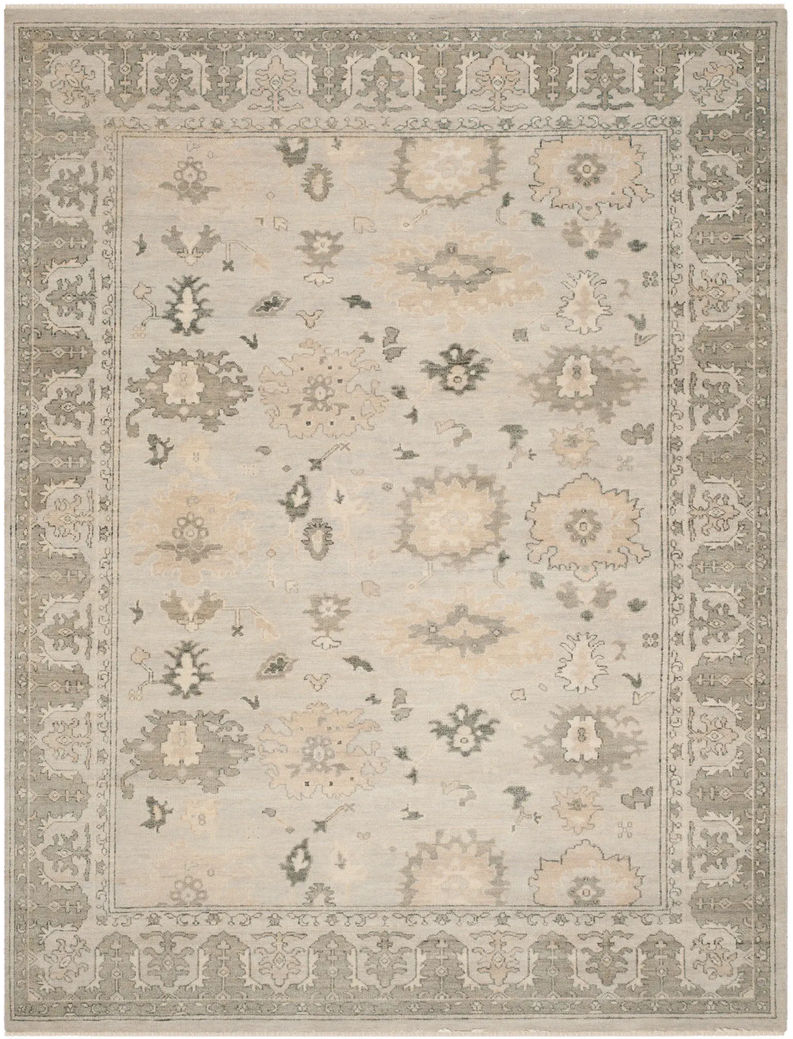 Oushak Scattered Floral Border Hand-Knotted Wool Rug