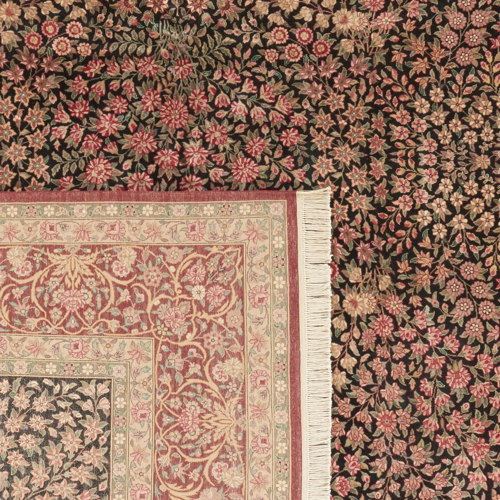 Royal Kerman Floral Bordered Hand-Knotted Wool Rug
