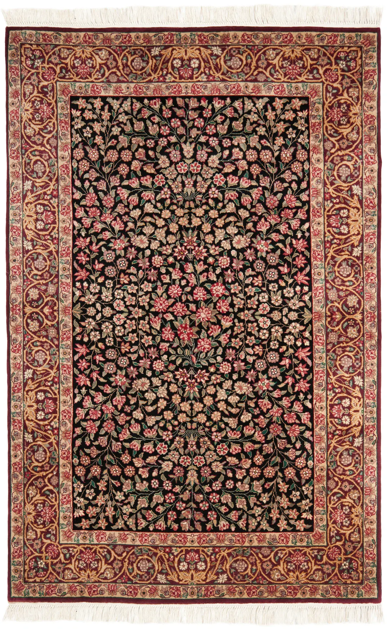 Royal Kerman Floral Bordered Hand-Knotted Wool Rug