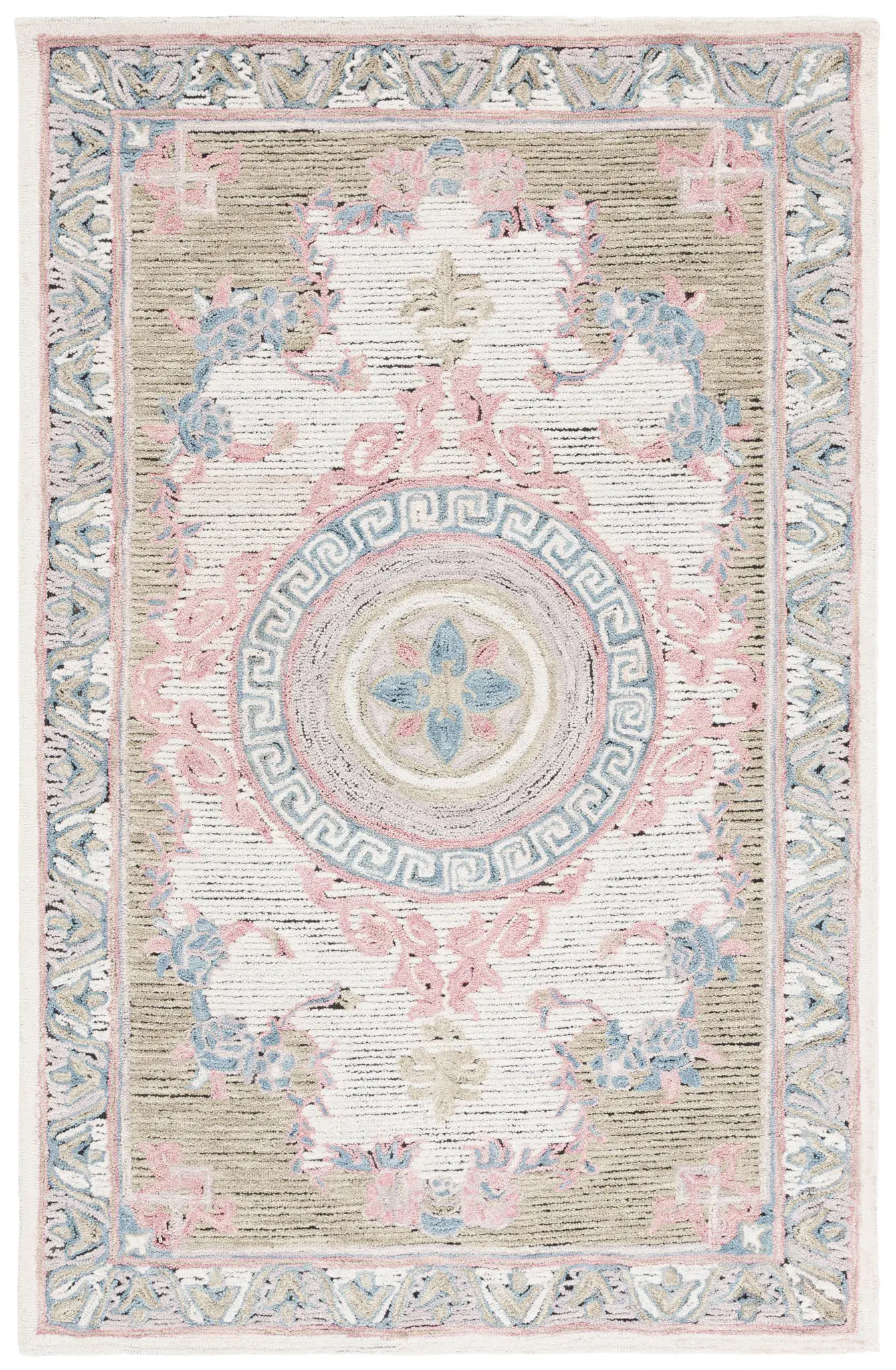 Savonnerie Greek Key Medallion Hand-Tufted Wool Rug