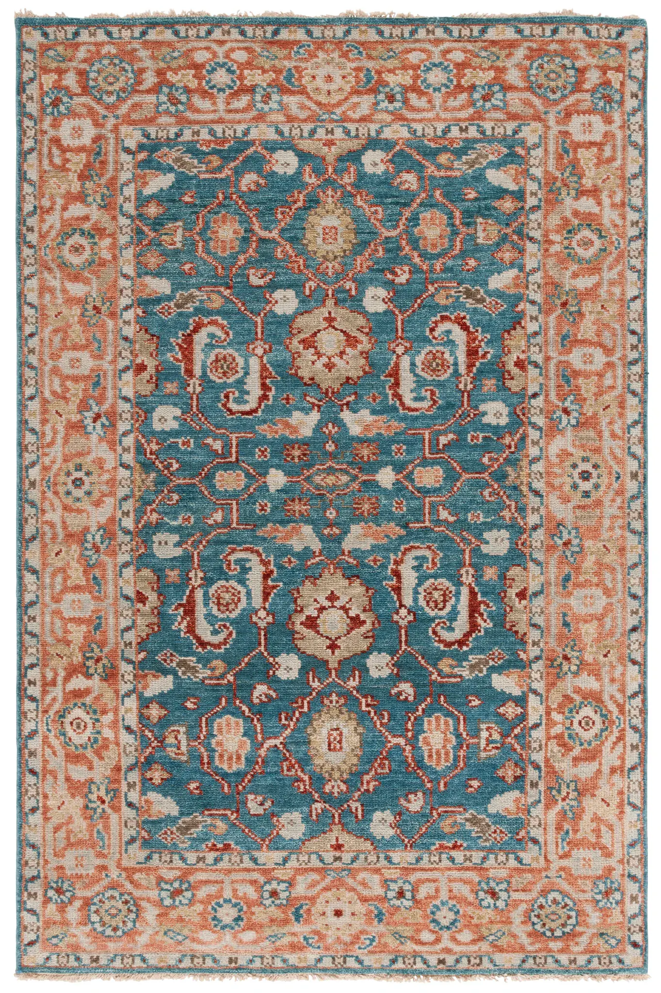 Samarkand Symmetrical Floral Bordered Hand-Knotted Wool Rug
