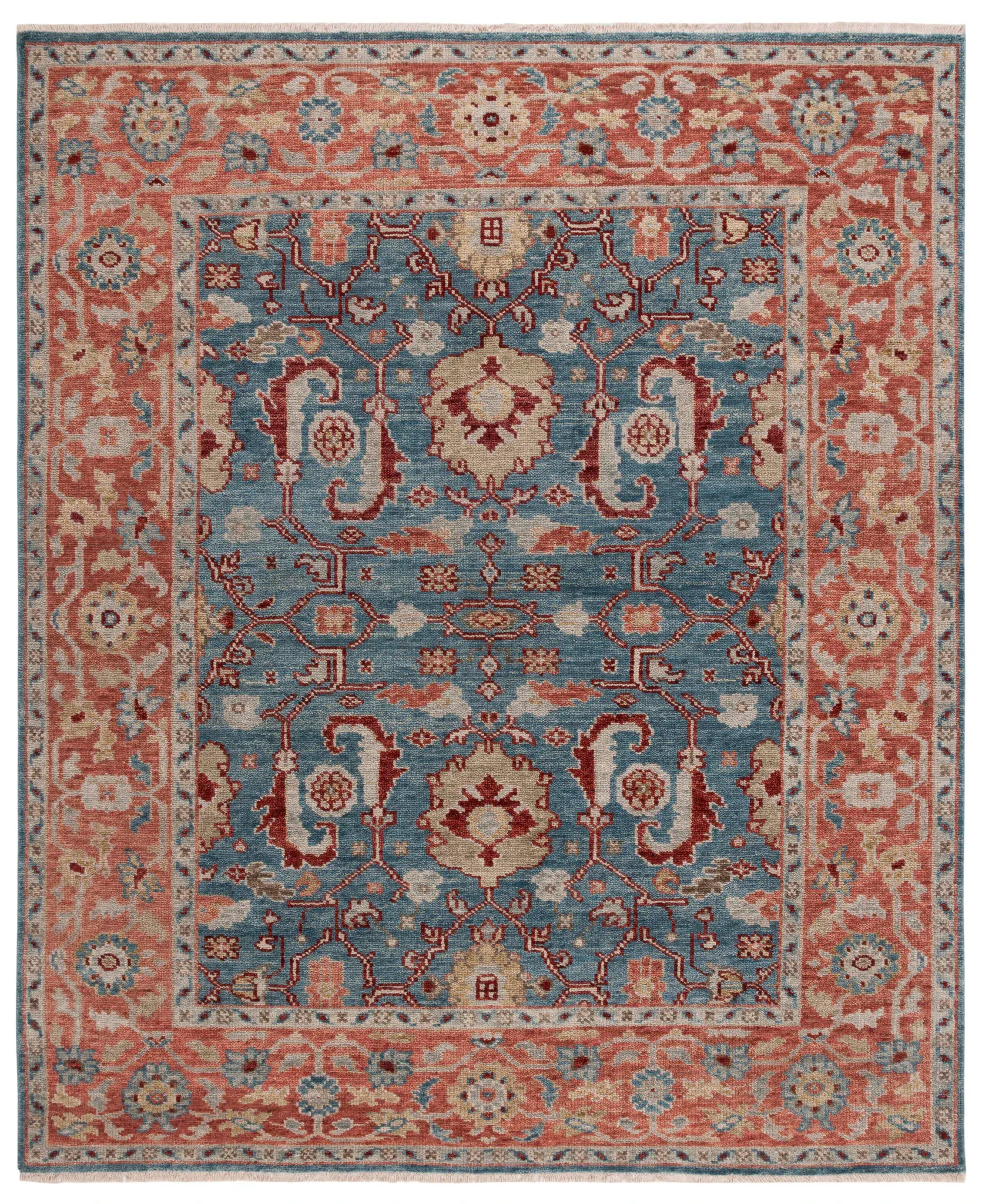 Samarkand Symmetrical Floral Bordered Hand-Knotted Wool Rug
