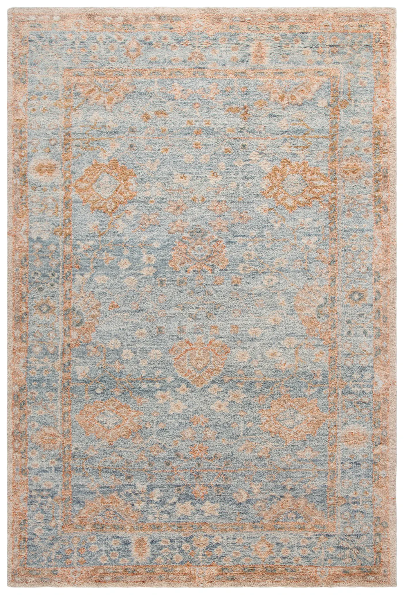 Samarkand Faded Floral Border Hand-Knotted Wool Rug