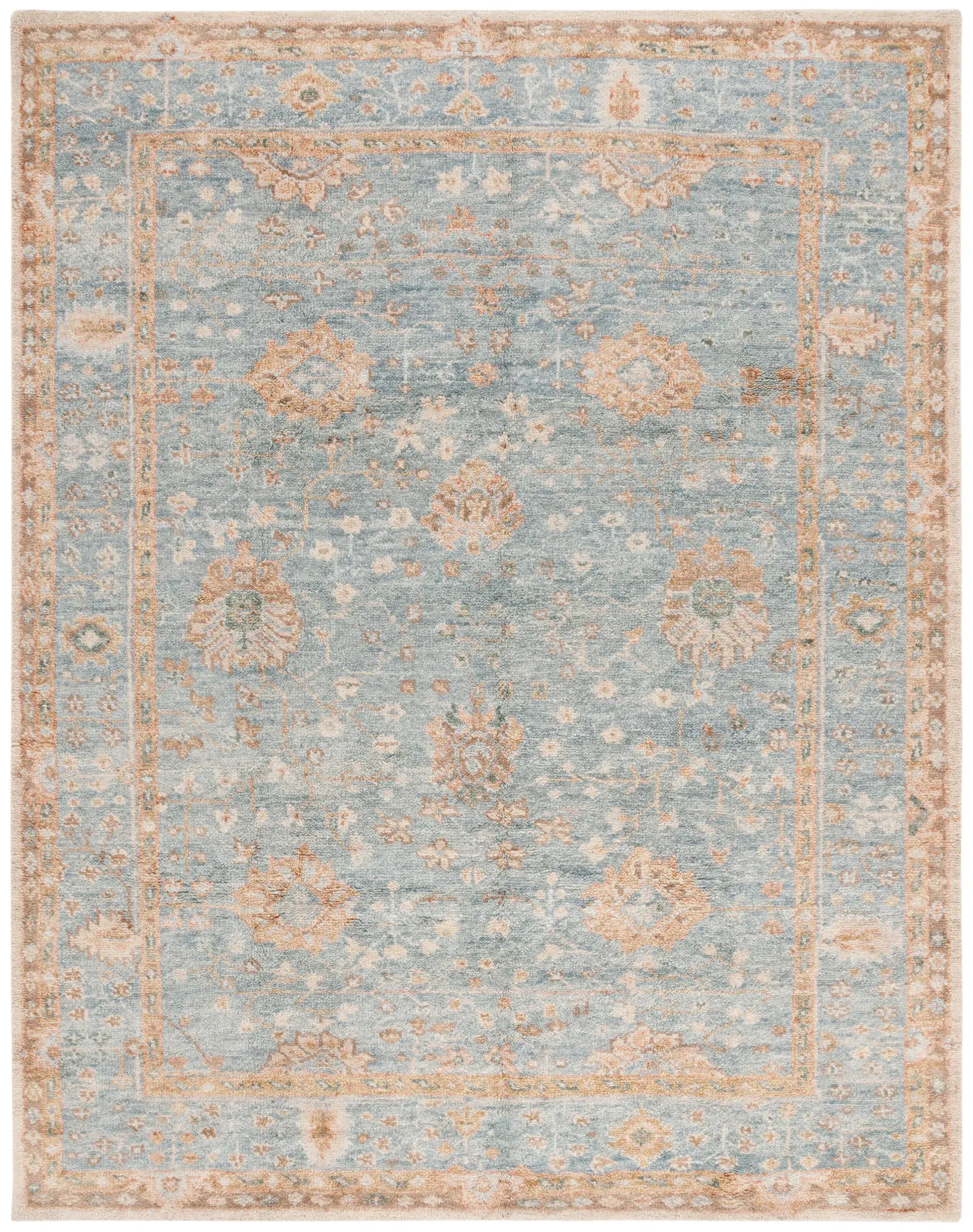 Samarkand Faded Floral Border Hand-Knotted Wool Rug