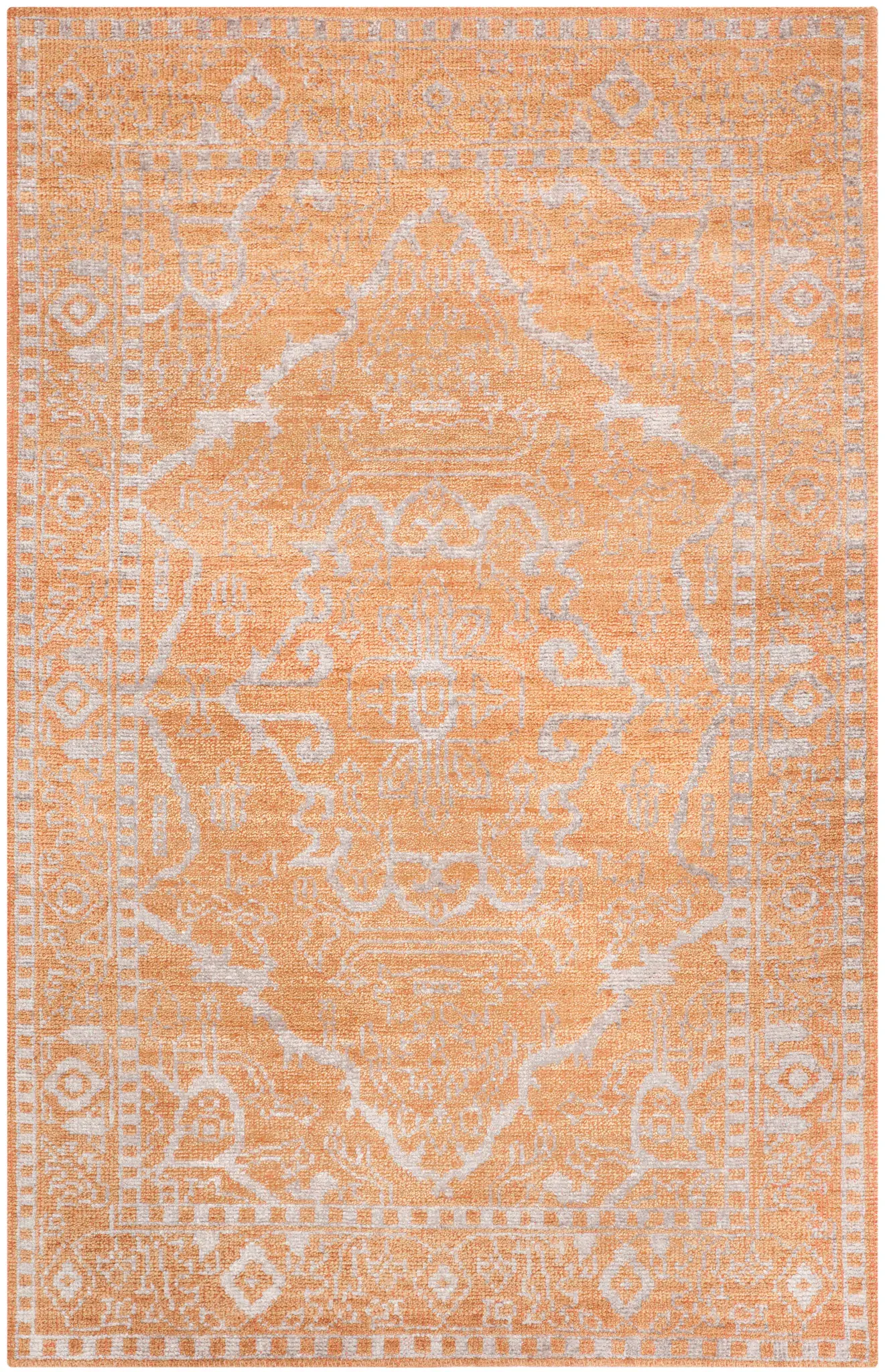 Stone Wash Framed Medallion Hand-Knotted Rug