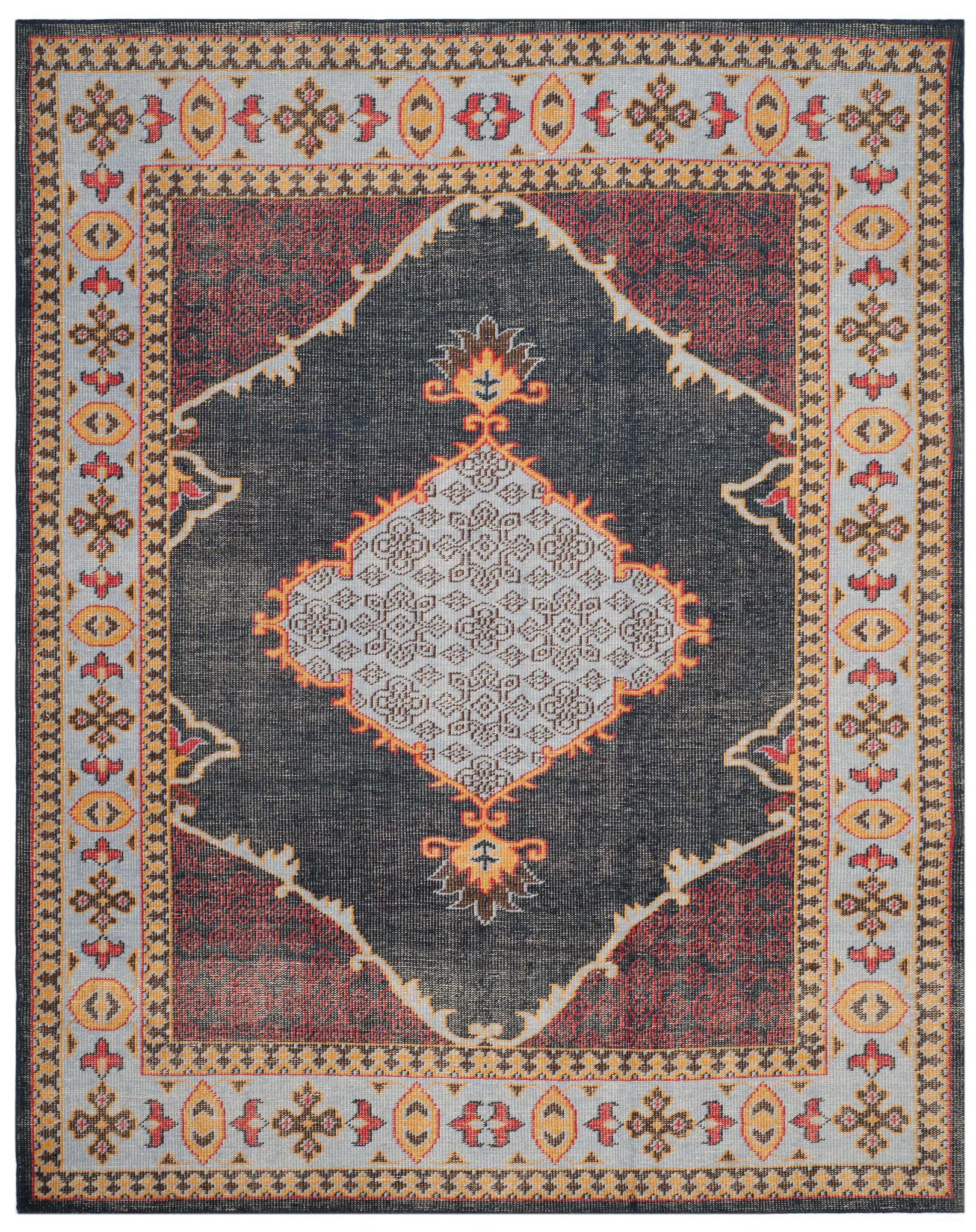 Stone Wash Geometric Medallion Hand-Knotted Rug