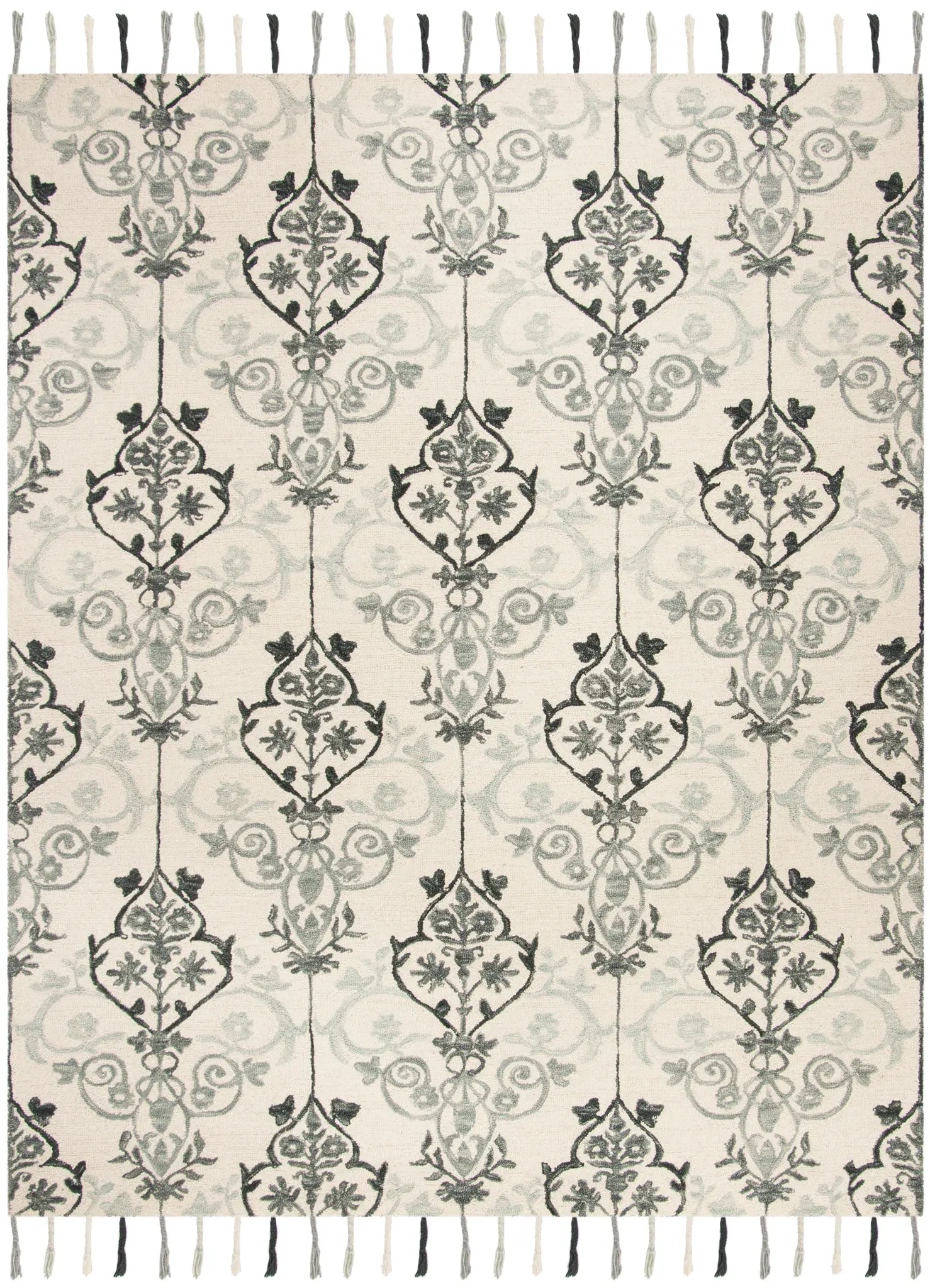 Suzani Fringed Damask Hand-Hooked Wool Rug