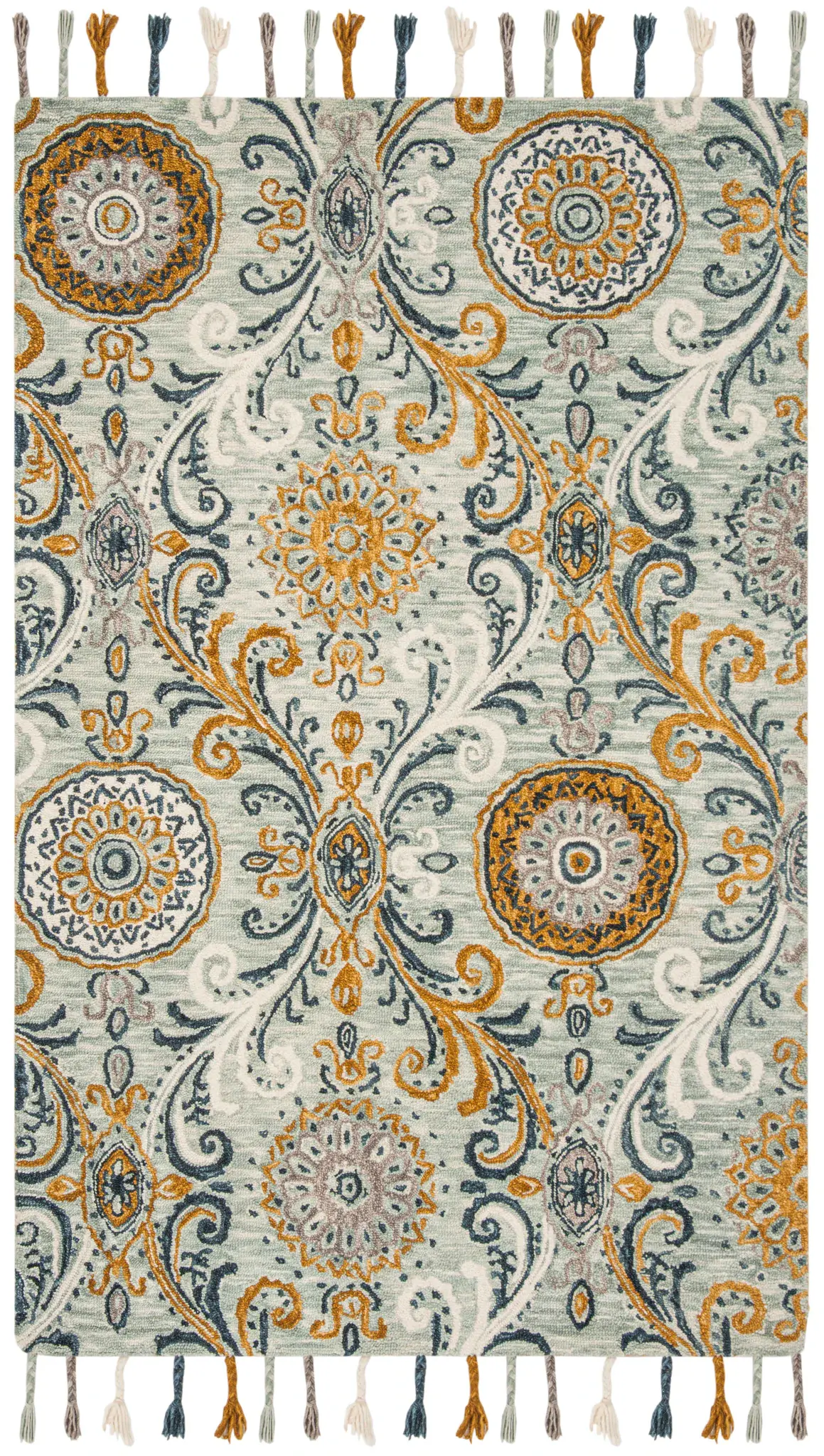 Suzani Scroll Damask Hand-Hooked Wool Rug