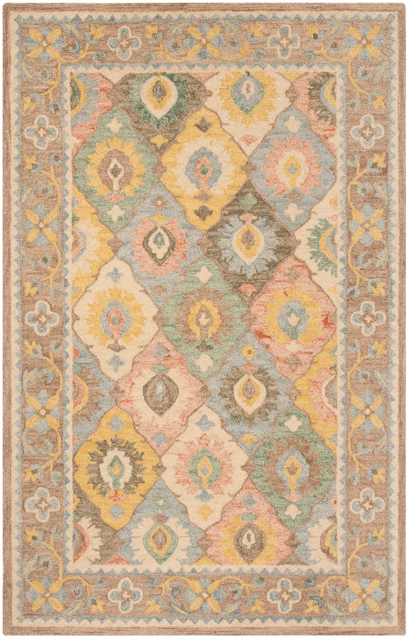 Suzani Bordered Ikat Diamond Hand-Hooked Wool Rug