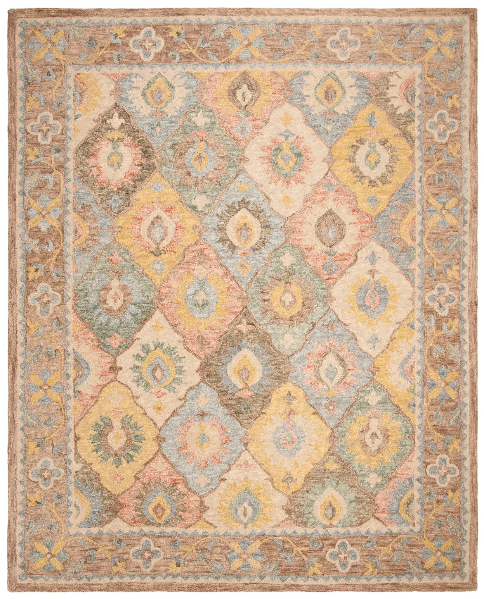 Suzani Bordered Ikat Diamond Hand-Hooked Wool Rug