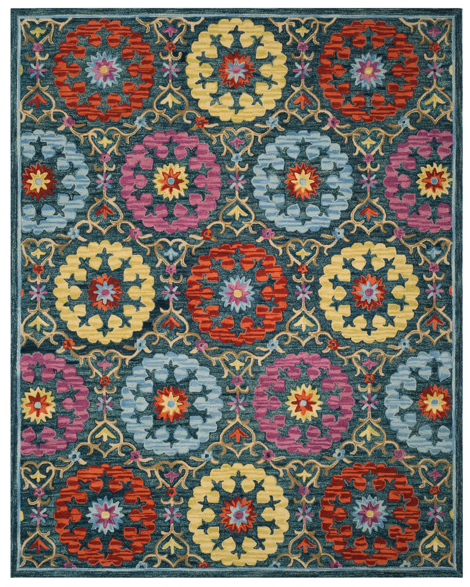 Suzani Rosette Trellis Hand-Hooked Wool Rug