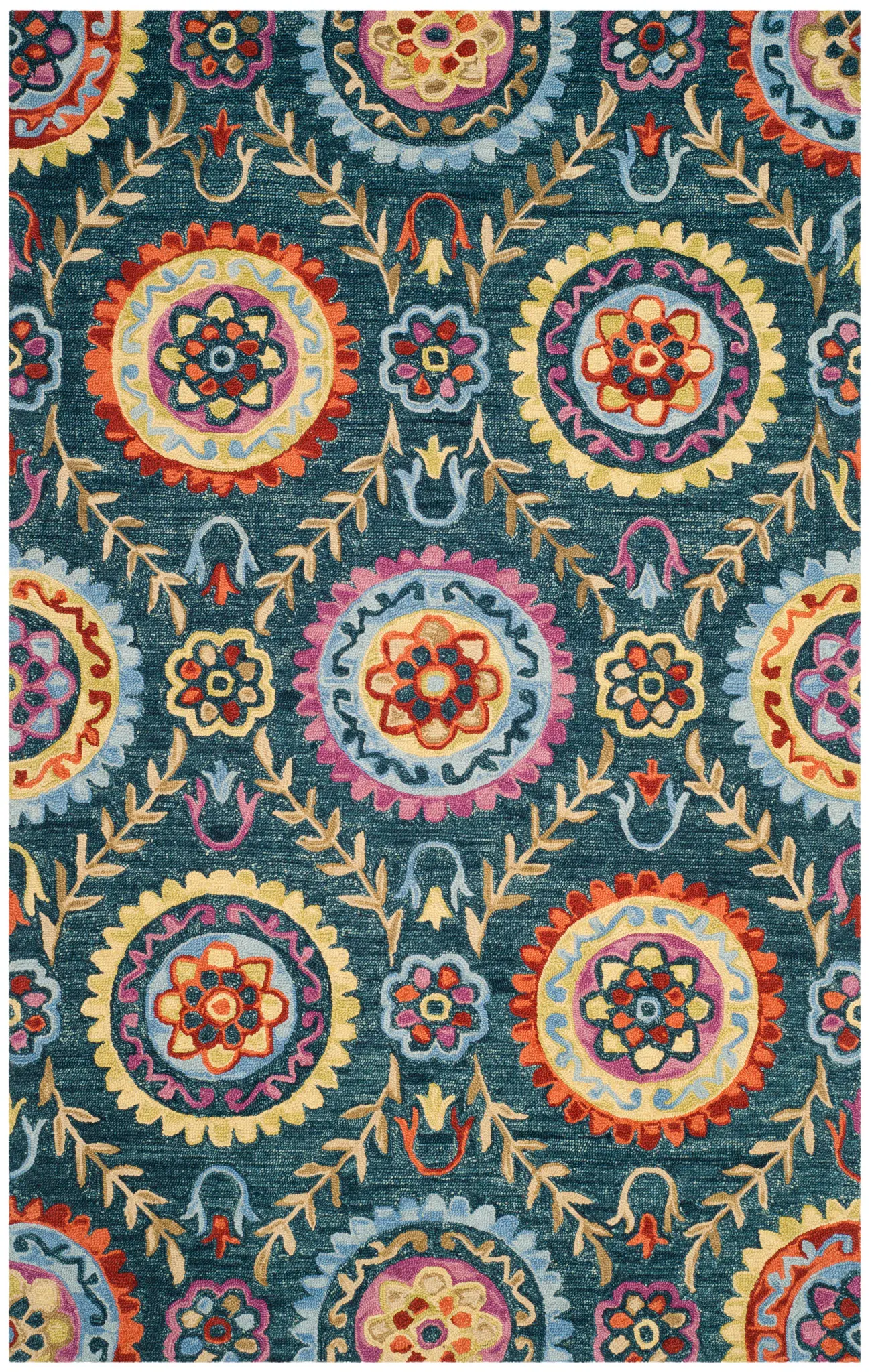 Suzani Floral Medallion Hand-Hooked Wool Rug