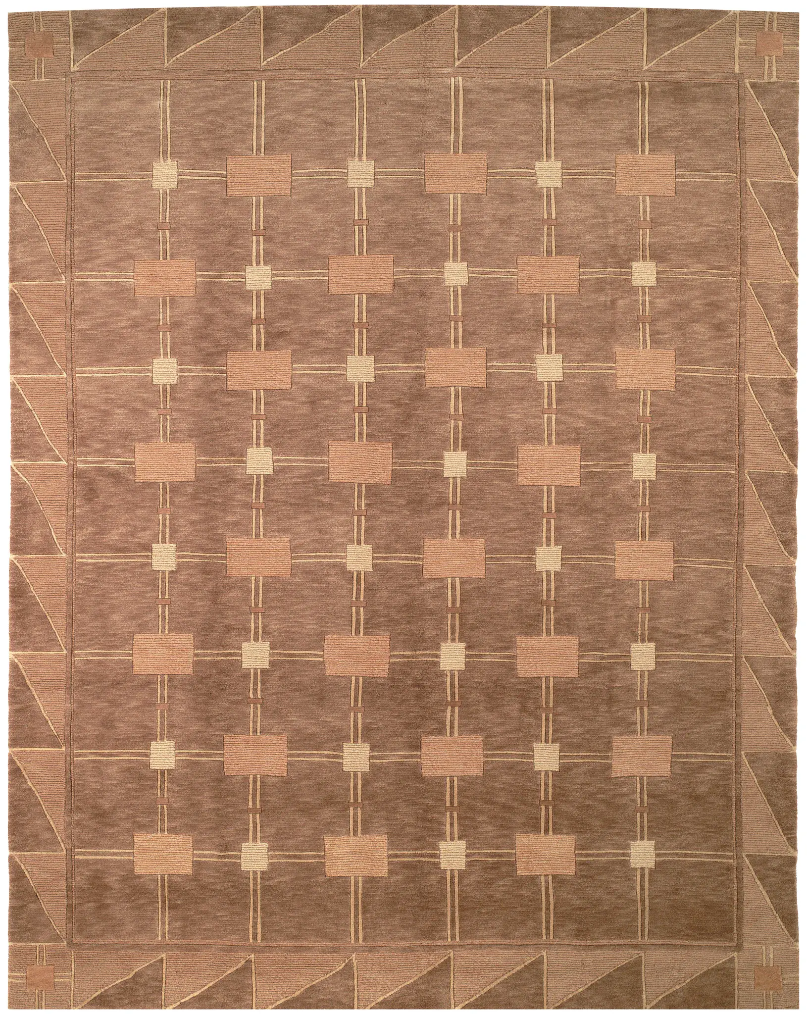 Tibetan Geometric Grid Hand-Knotted Wool Rug