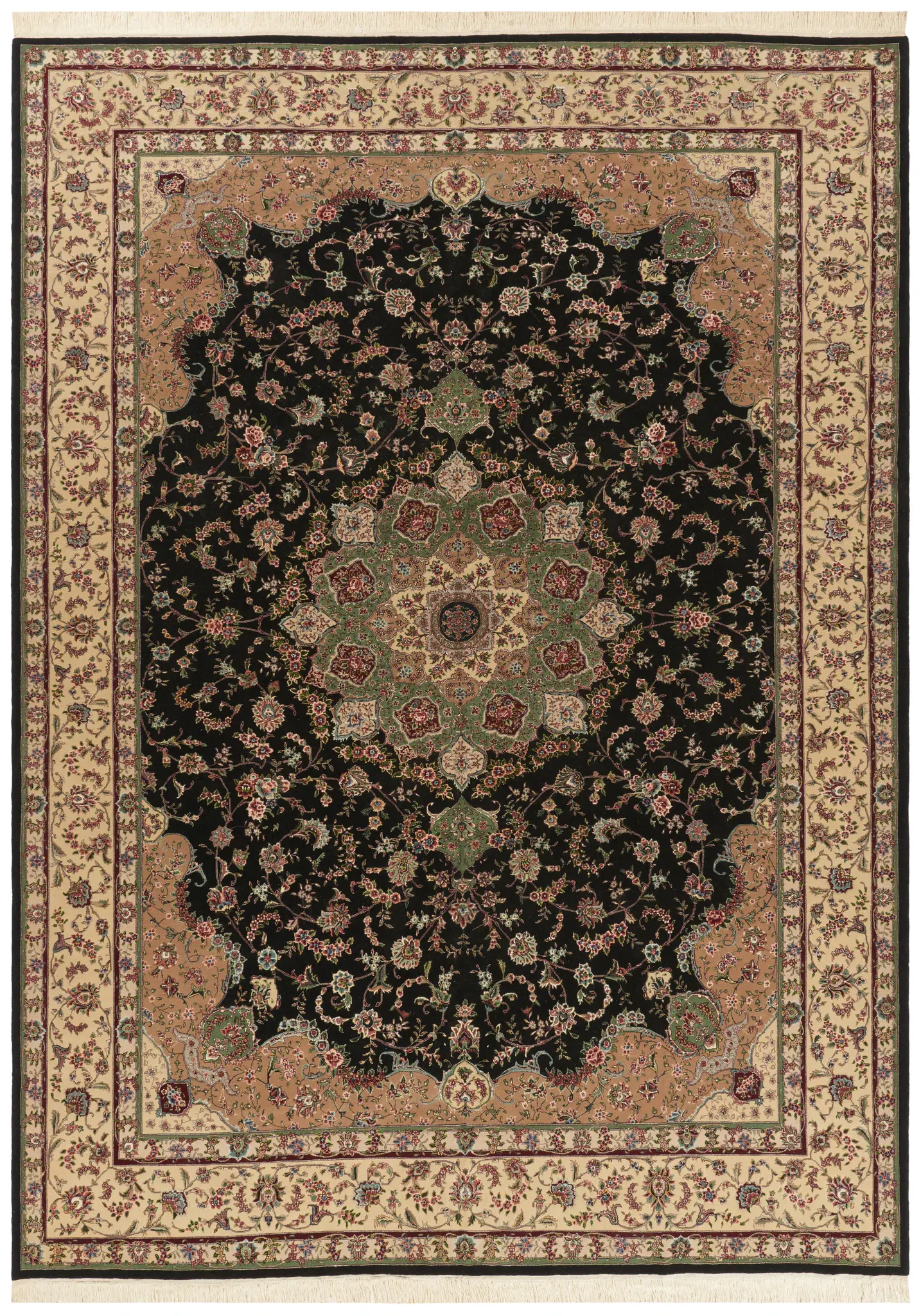 Tabriz Floral Medallion Silk Hand-Knotted Wool Rug