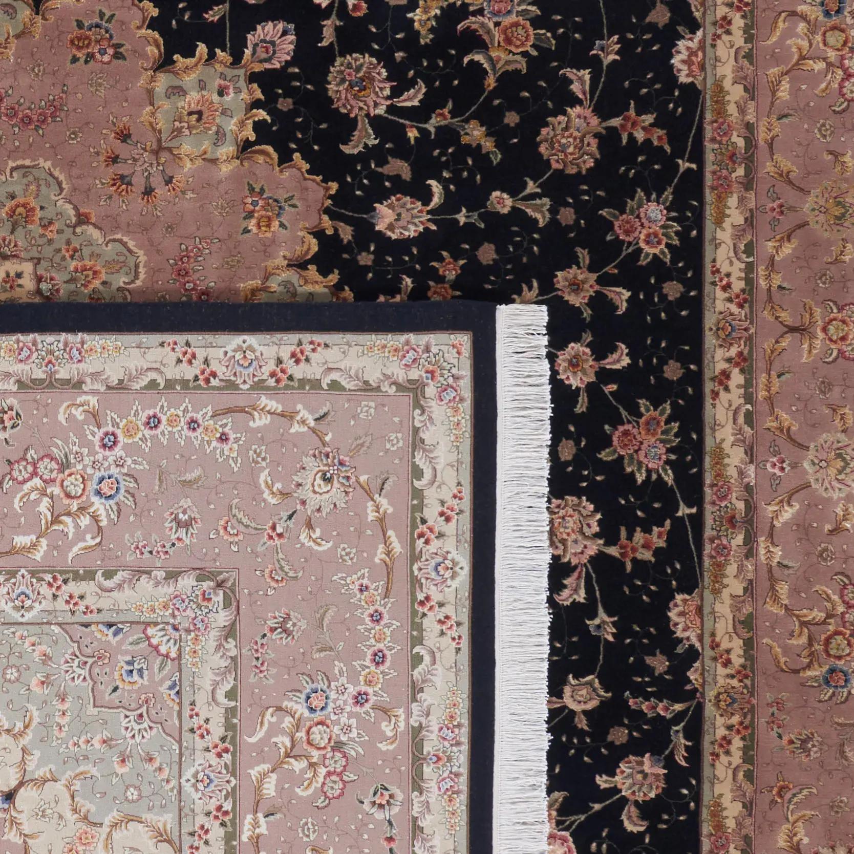 Tabriz Floral Medallion Silk Hand-Knotted Wool Rug