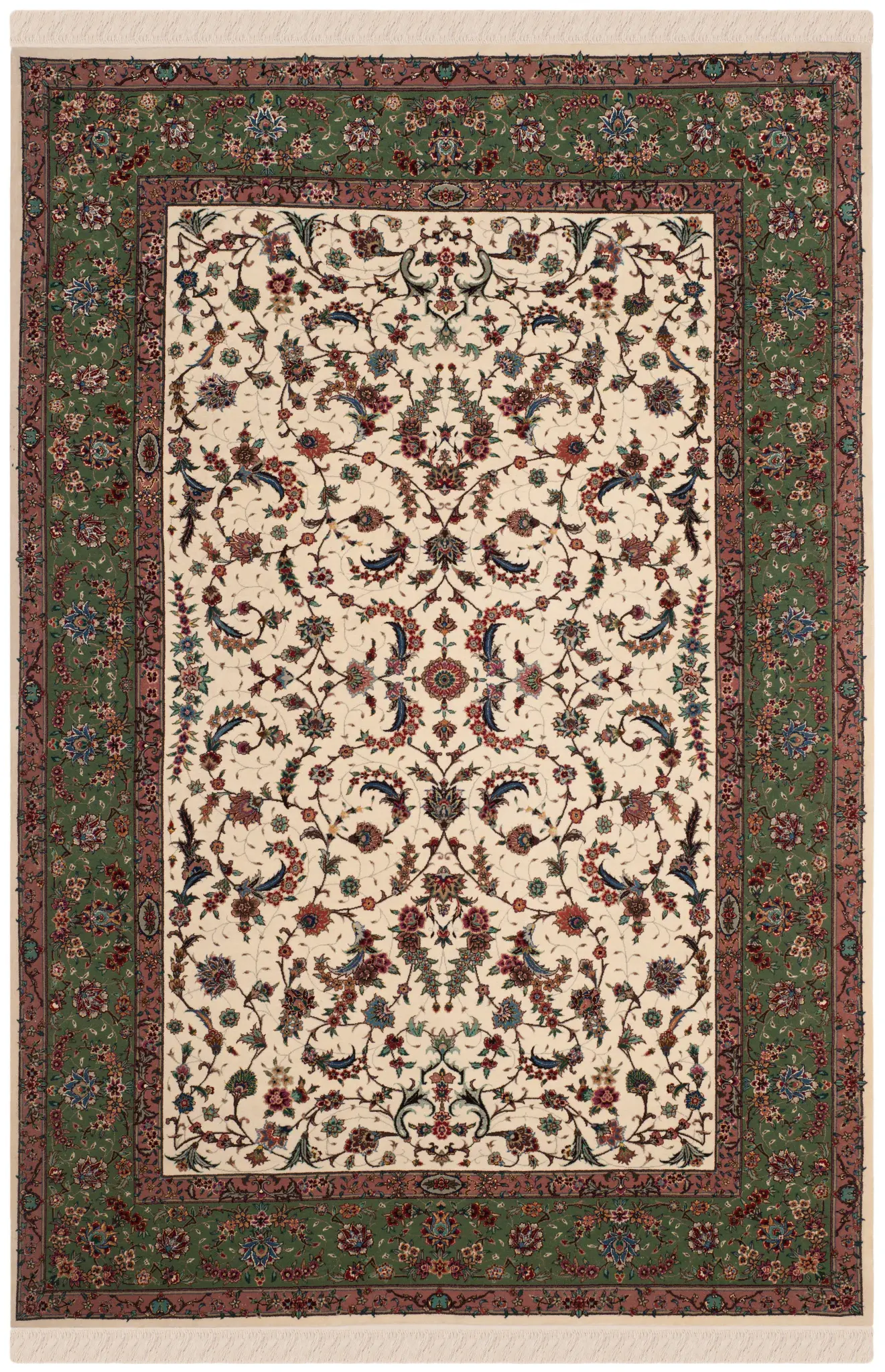 Tabriz Floral Border Silk Hand-Knotted Wool Rug
