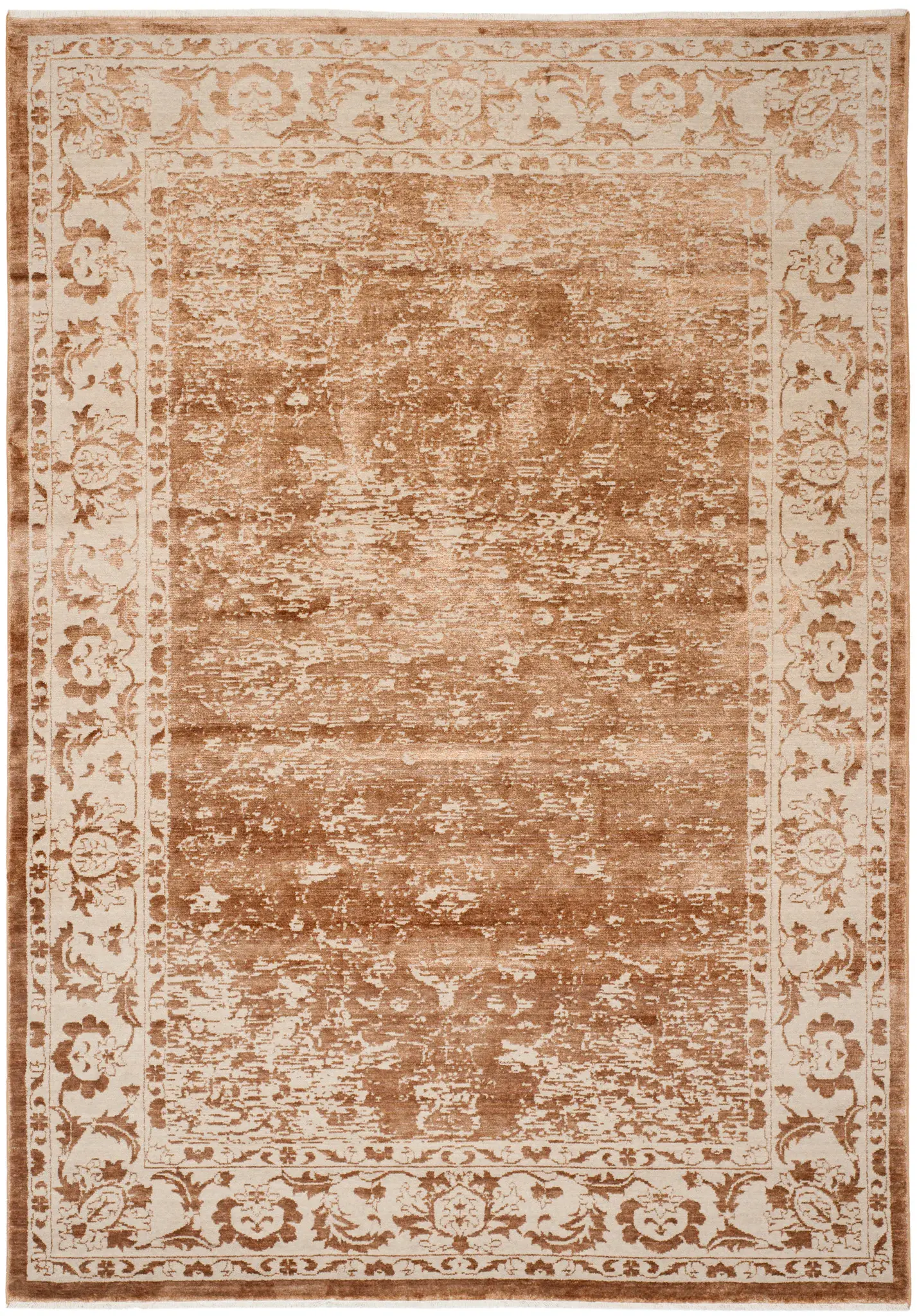 Tibetan Distressed Floral Border Hand-Loomed Viscose Rug