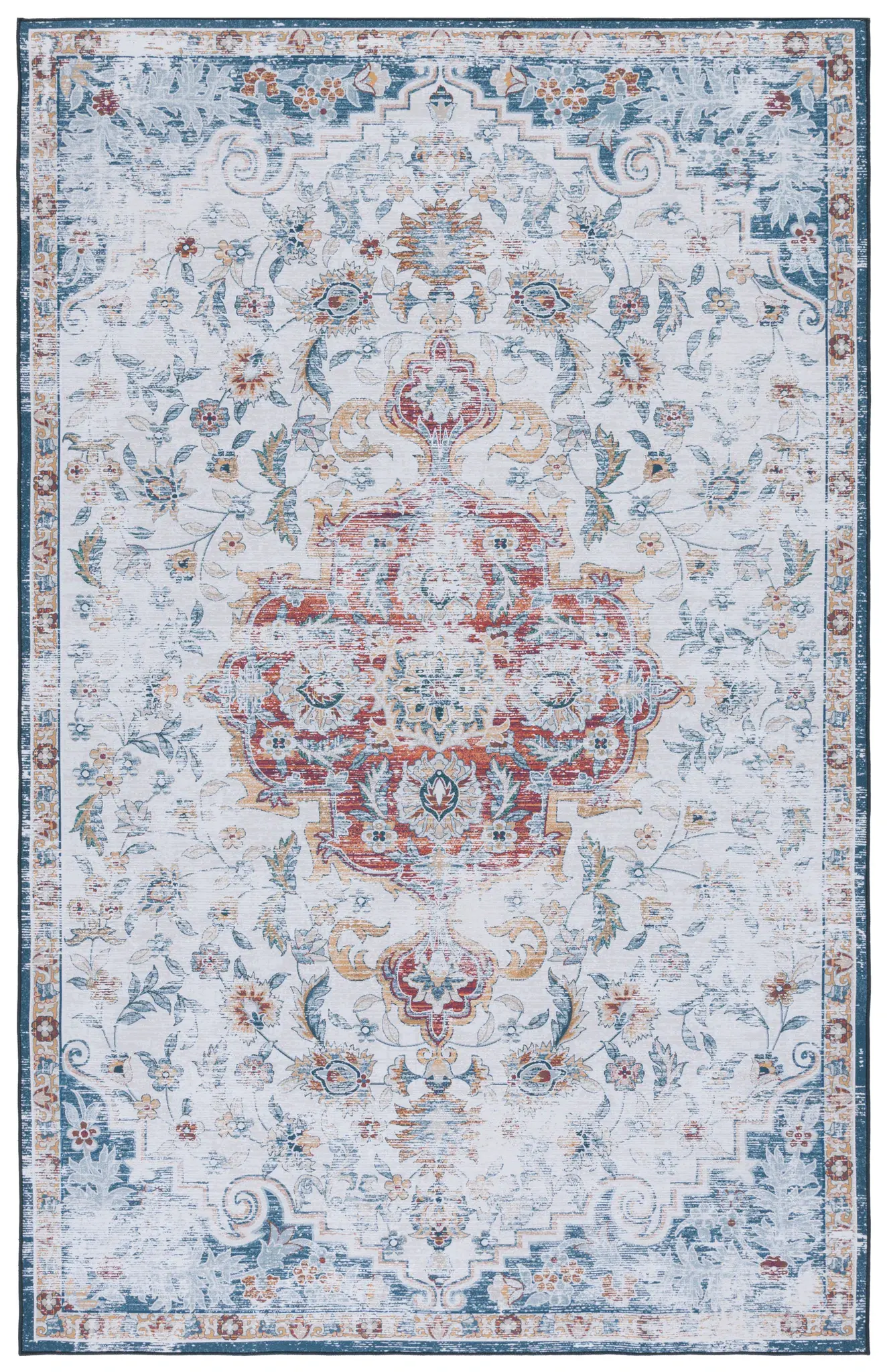 Tucson Distressed Floral Cartouche Washable Rug