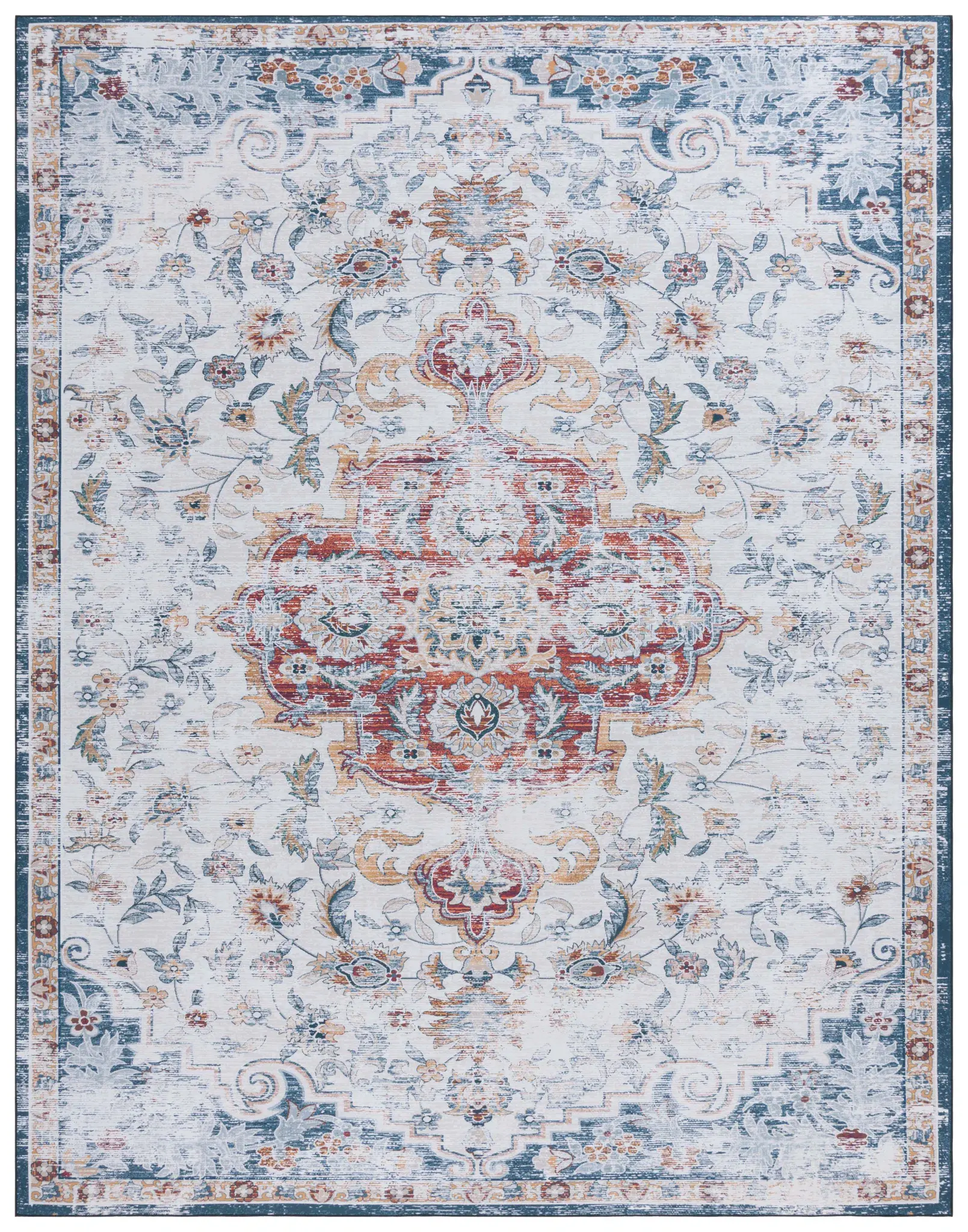 Tucson Distressed Floral Cartouche Washable Rug