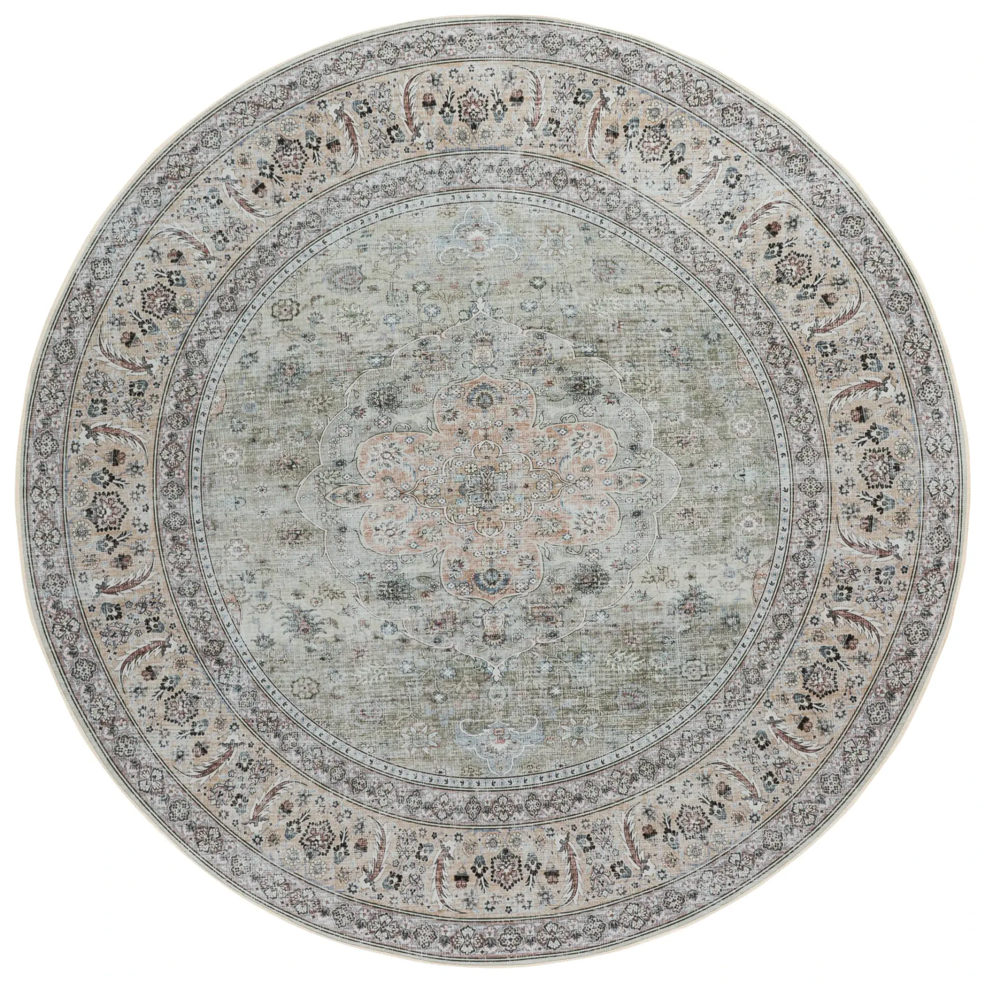 Tucson Vintage Round Floral Medallion Washable Rug