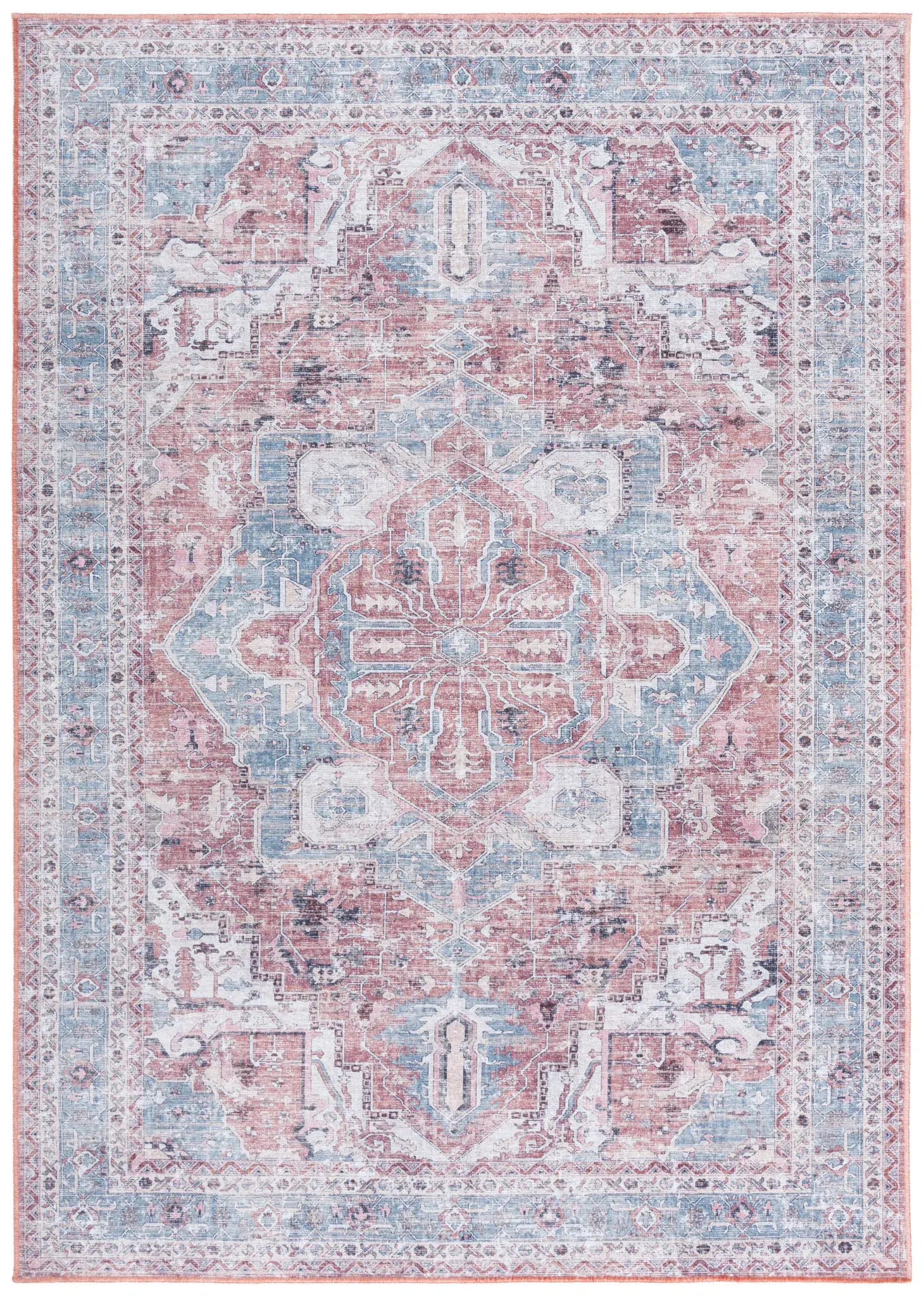 Vintage Heriz Rosette Medallion Washable Rug