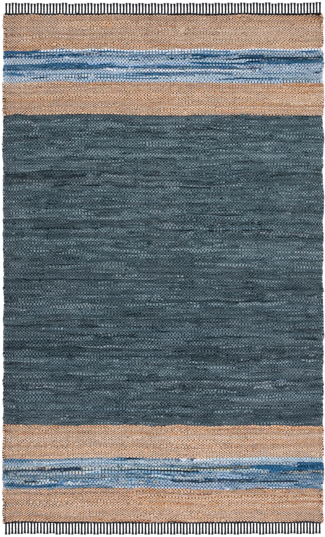 Vintage Leather Striped Border Hand-Woven Rug
