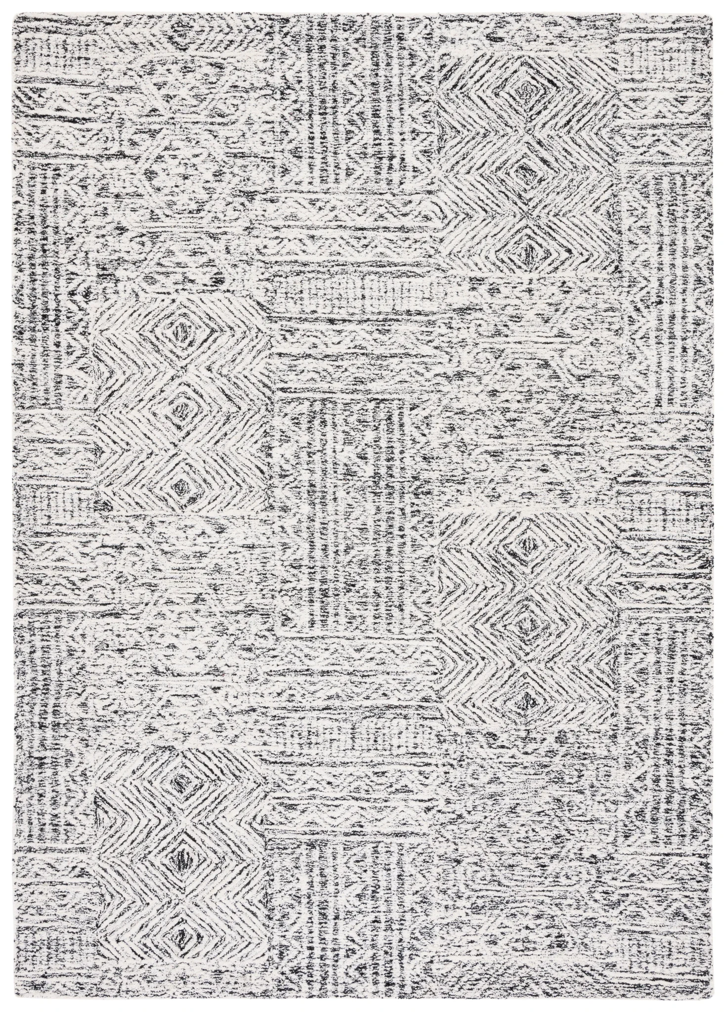 Abstract Boho Patchwork Hand-Tufted Wool Rug in Black / Ivory
