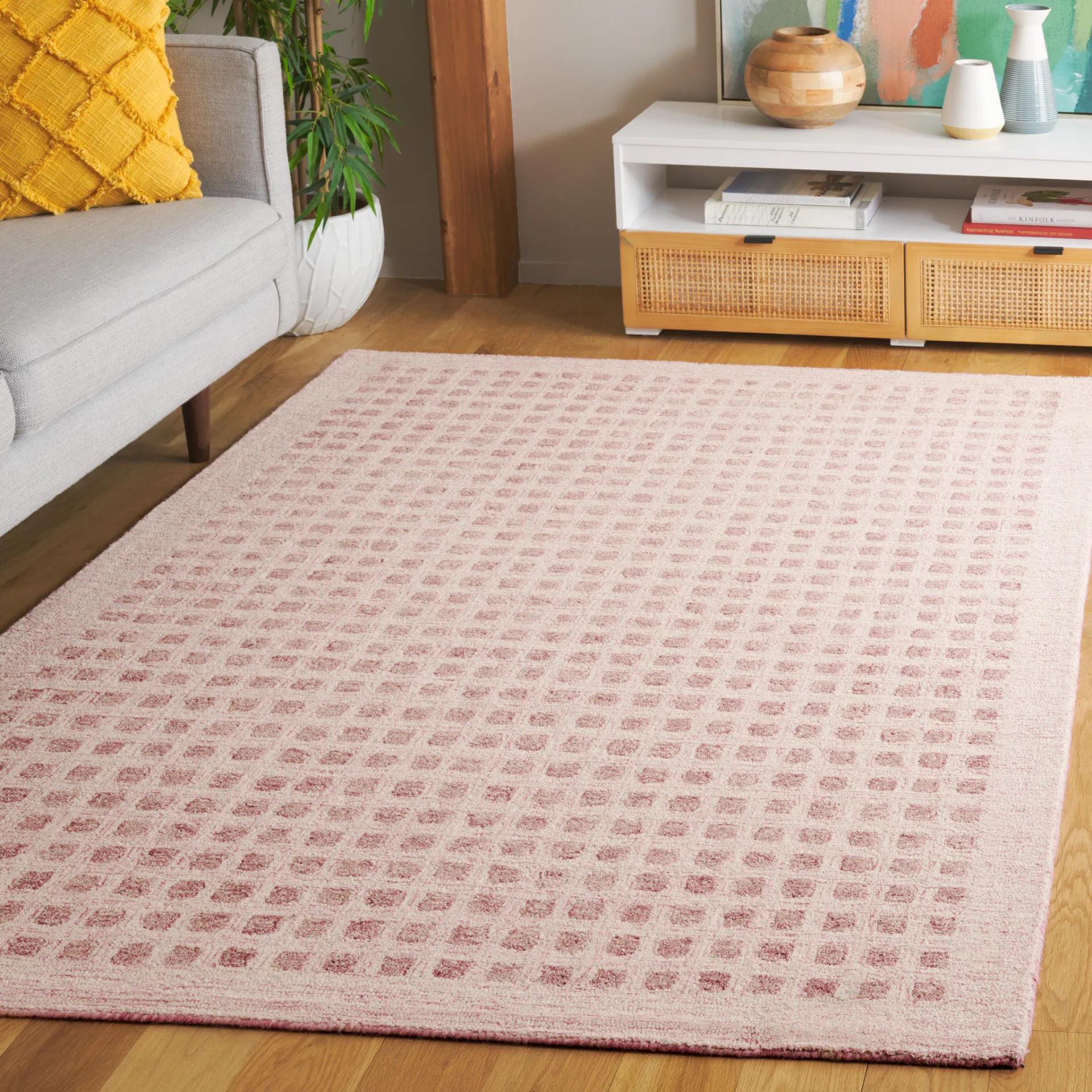 Abstract Bordered Grid Hand-Tufted Rug in Pink