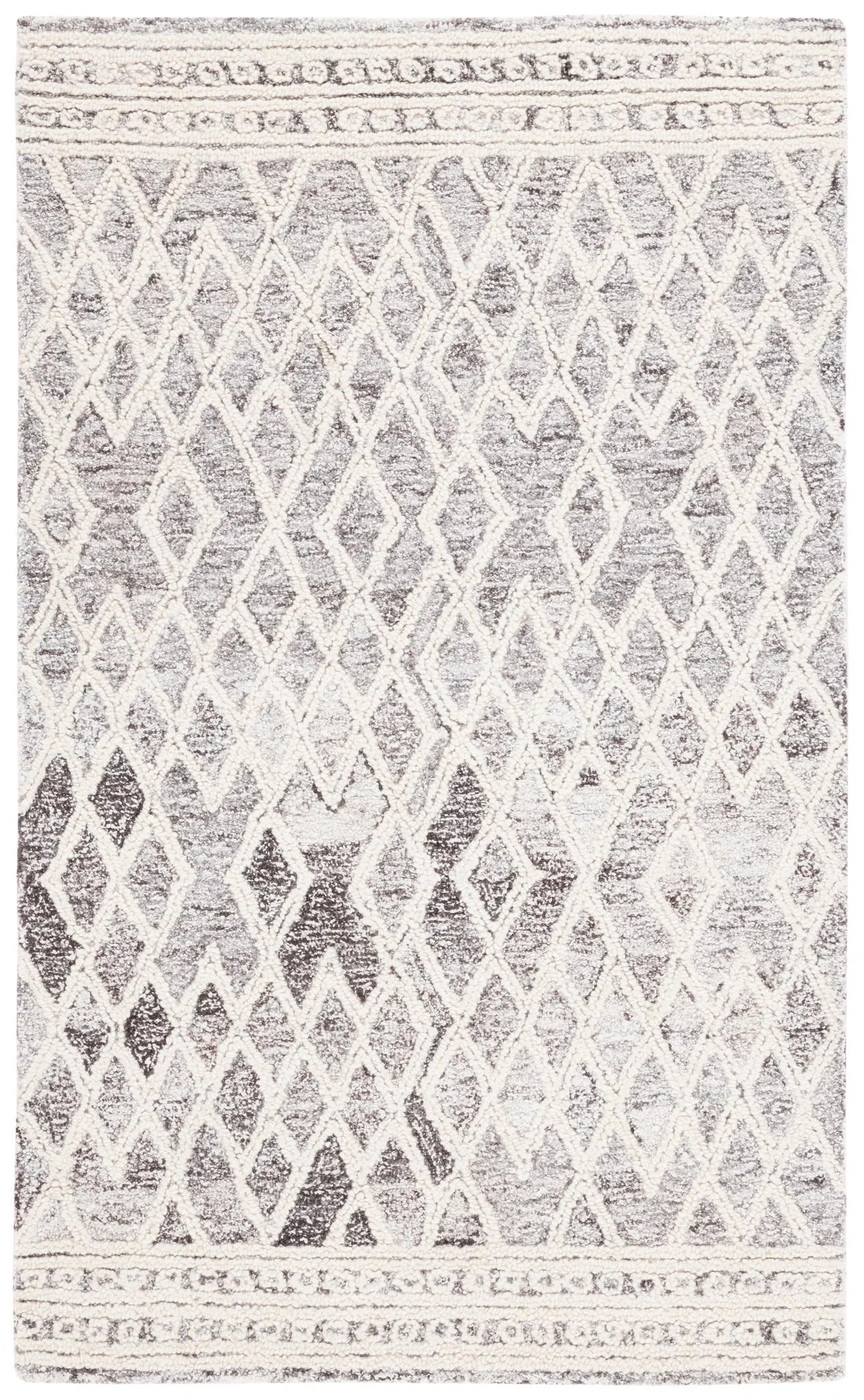 Abstract Boho Bordered Diamond Hand-Tufted Wool Rug in Ivory / Gray