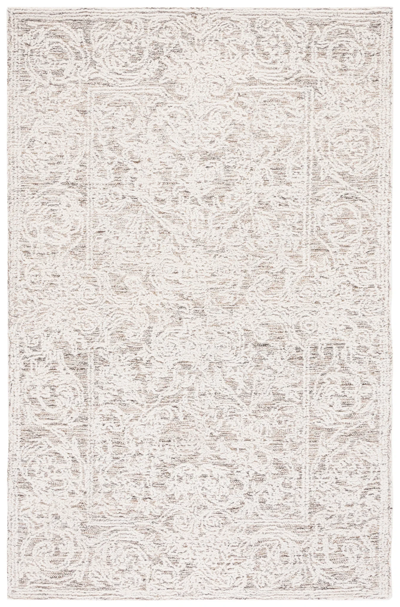 Abstract Transitional Damask Hand-Tufted Wool Rug in Ivory / Brown