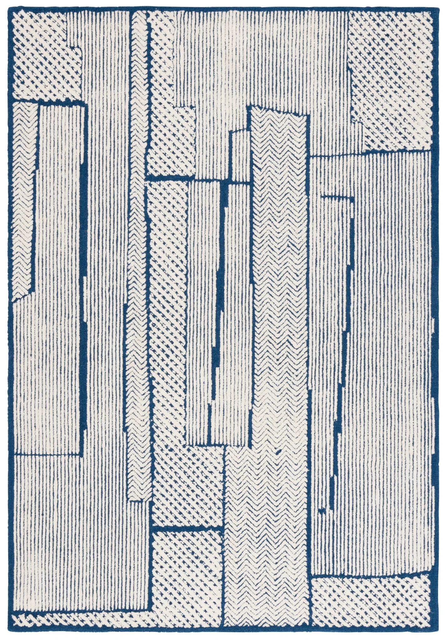 Abstract Patchwork Hand-Tufted Wool Rug in Ivory / Navy