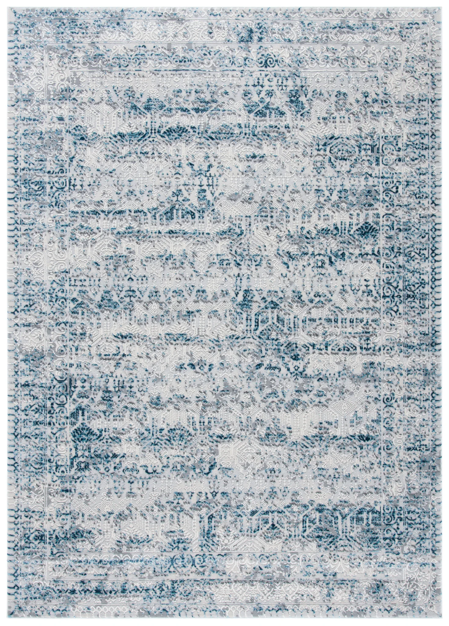 Alhambra Distressed Bordered Rug in Cream / Turquoise