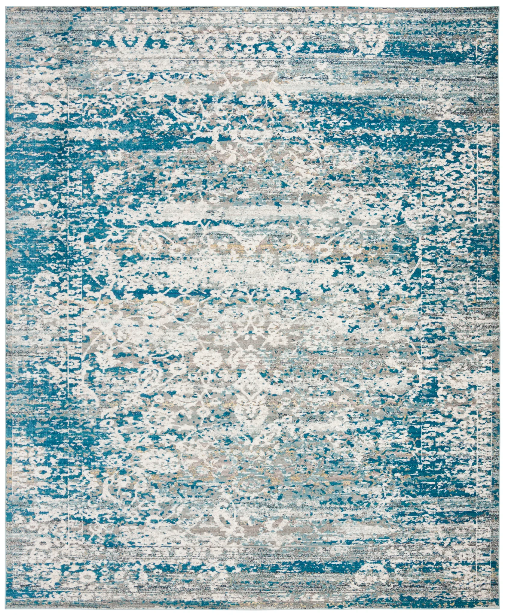 Aria Distressed Scroll Rug in Blue / Cream