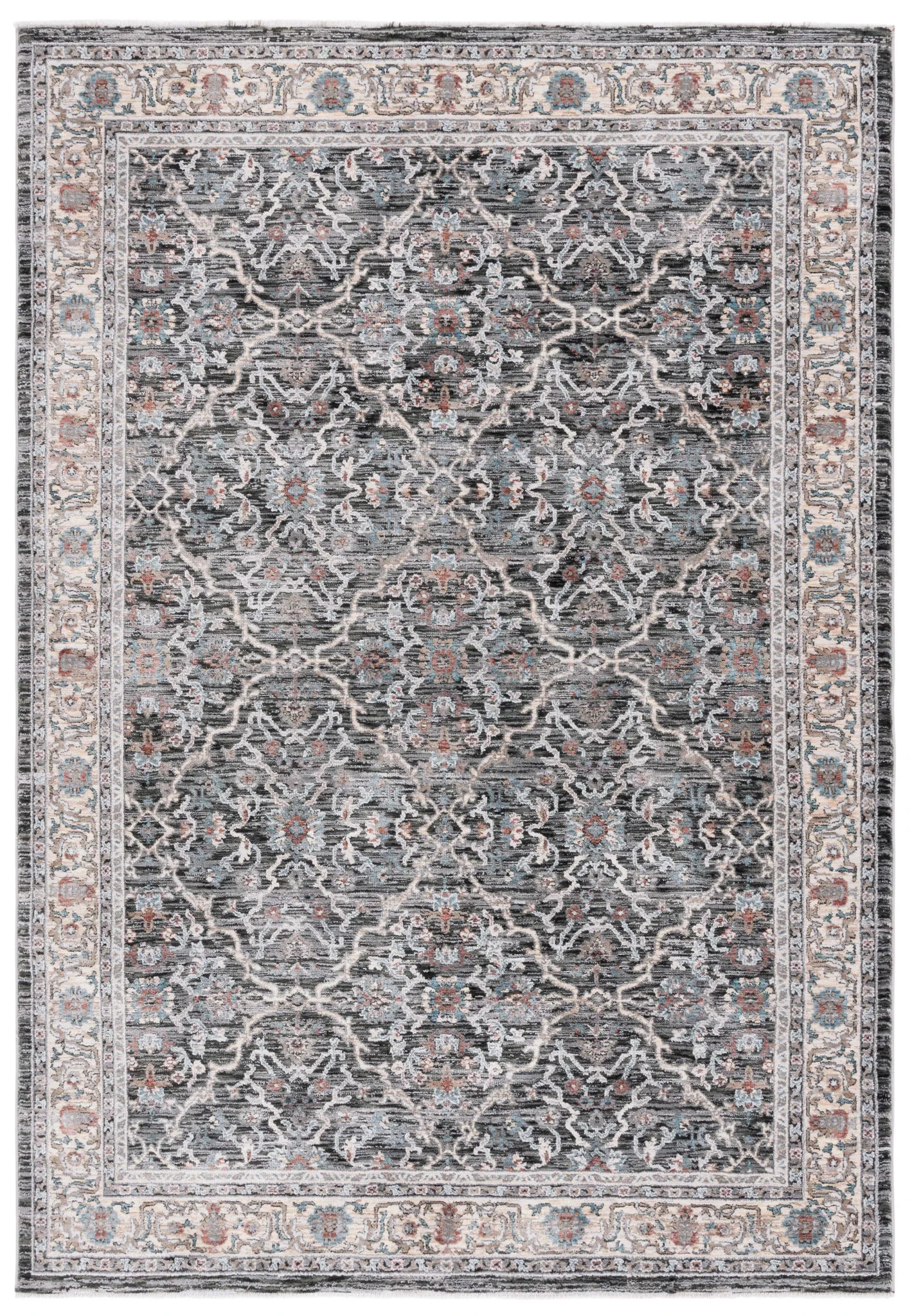 Artifact Bordered Floral Rug in Charcoal / Gray