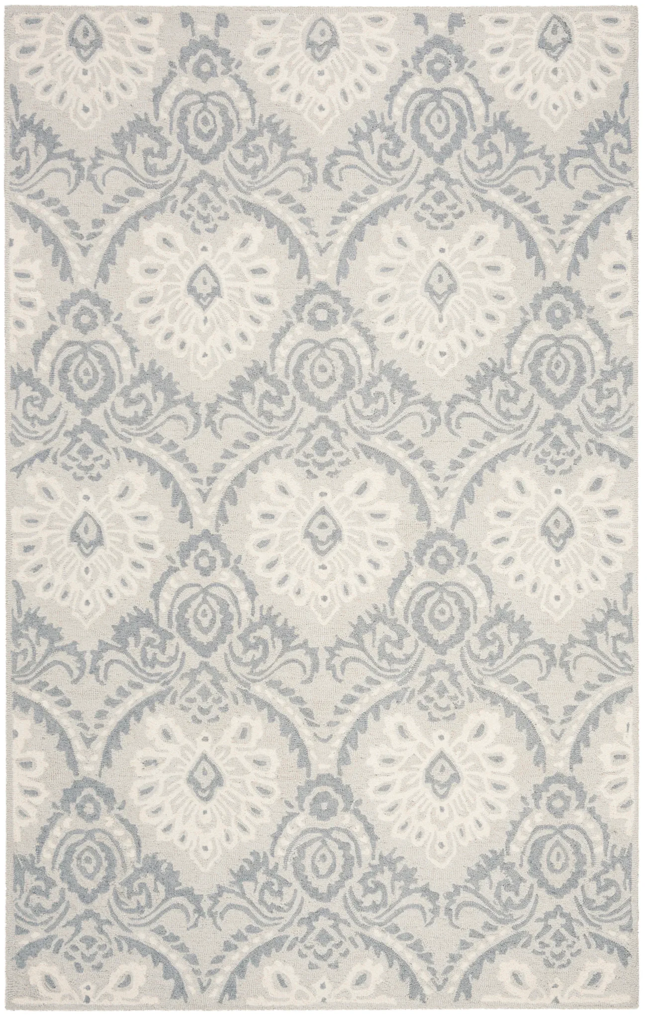 Blossom Palmette Damask Hand-Tufted Wool Rug in Light Gray / Ivory