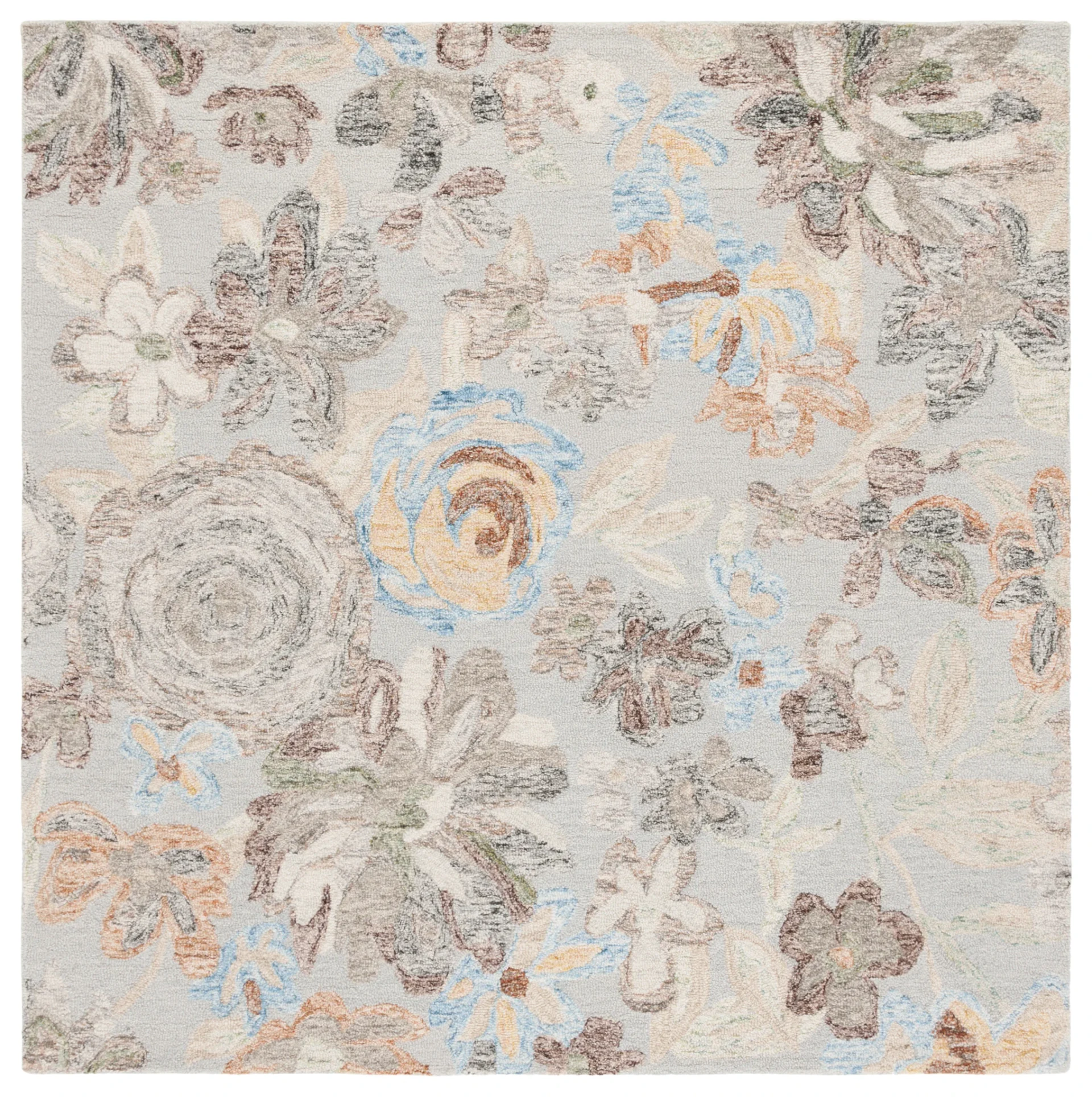 Blossom Pastoral Floral Hand-Tufted Wool Rug in Gray / Blue