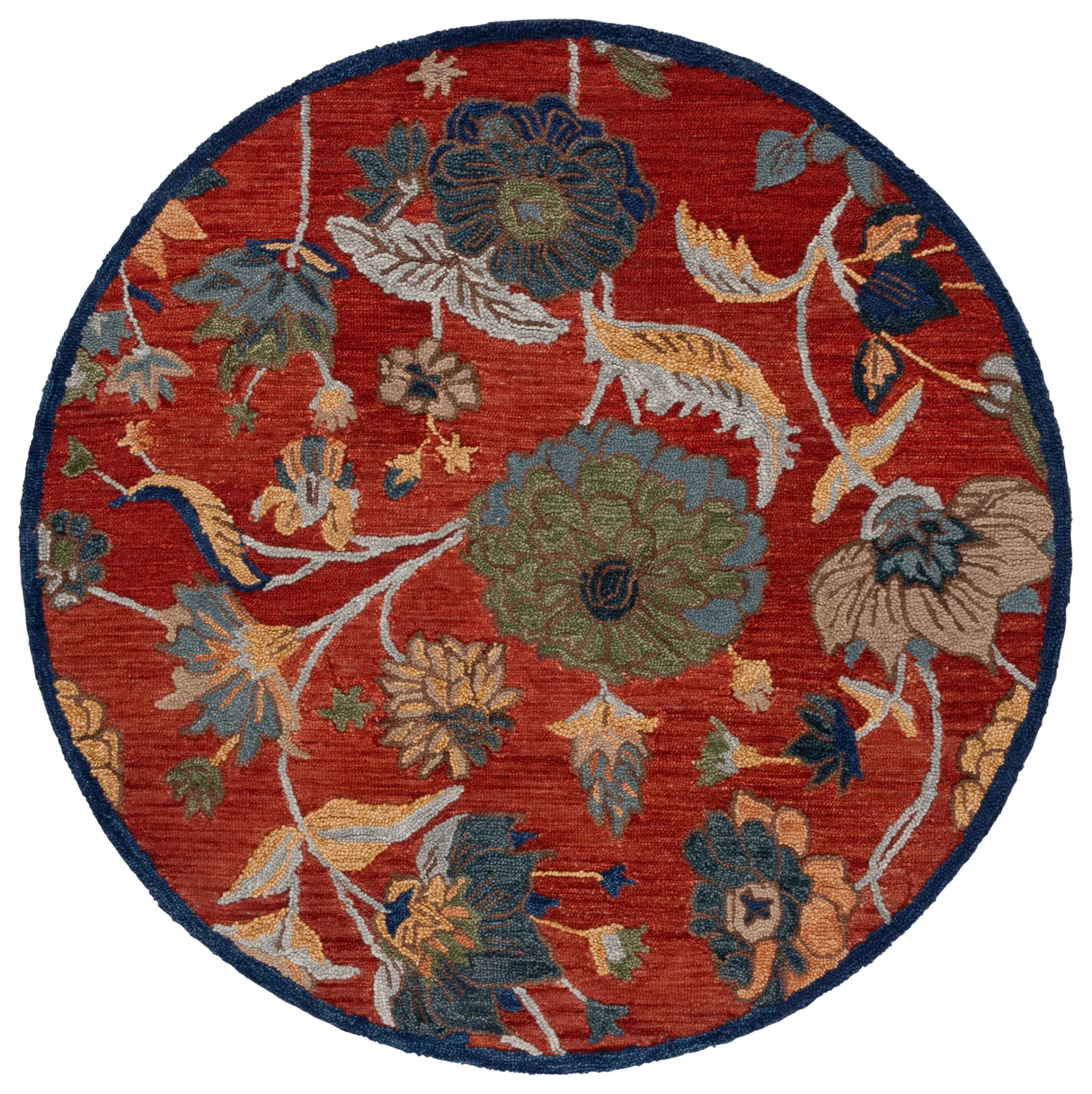 Blossom Botanical Bordered Wool Rug in Orange / Blue