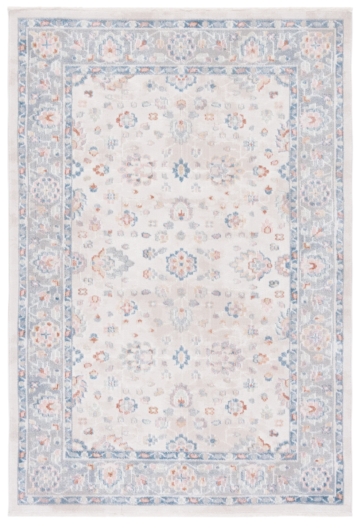 Blair Floral Bordered Washable Rug in Beige / Gray